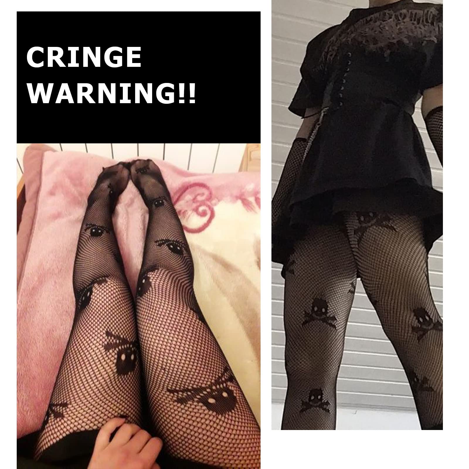 DRESHOW 6 Pack Fishnet Garter Belt Stocking Suspender Pantyhose Tights Thigh High Pantyhose: 2 Pairs With Skulls: Small Grid, Spiderweb Cutout