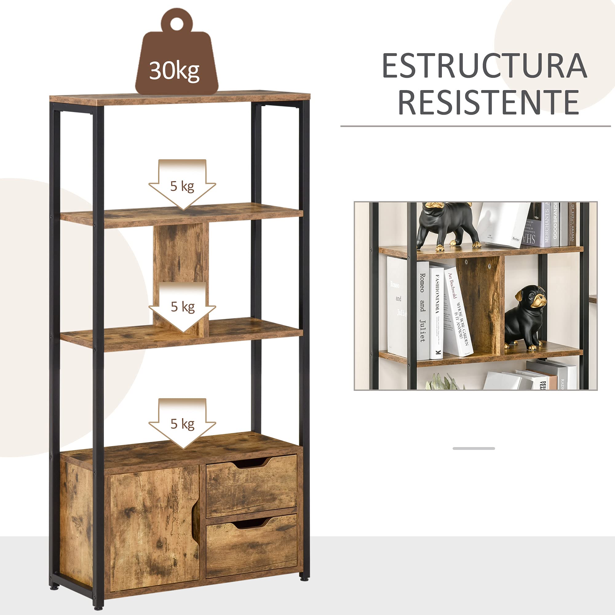 HOMCOM Librería, Estantería para Libros con 4 Estantes, 2 Cajones y Puerta, 58x24x122 cm, Estantería Industrial para Salón, Dormitorio, Estudio, Oficina, Marrón Rústico