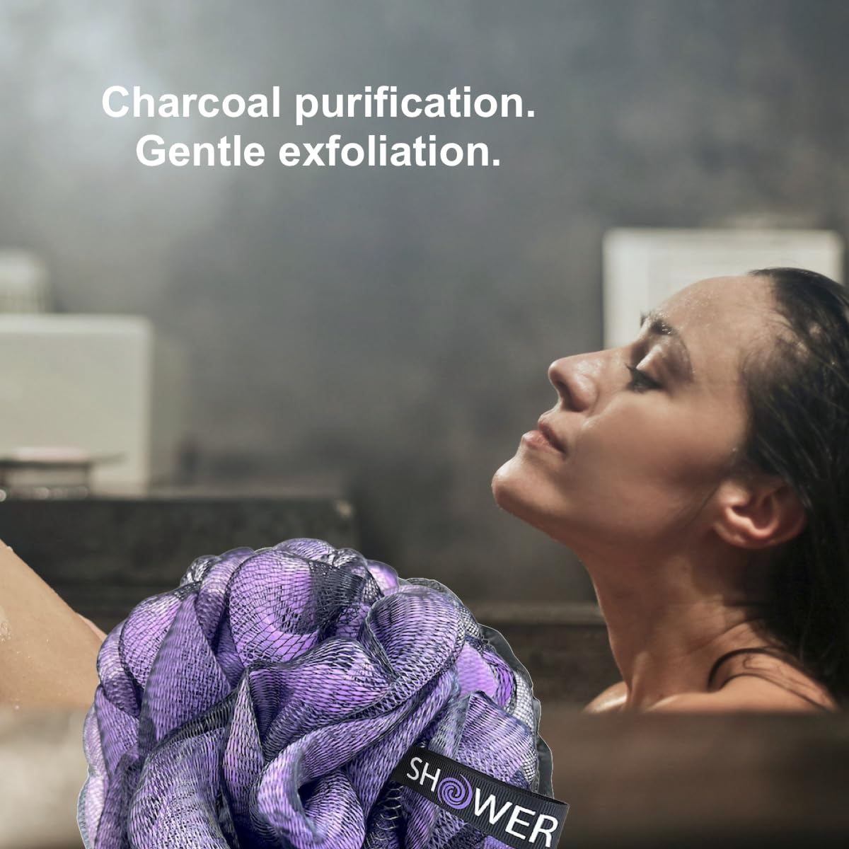 SHOWER BOUQUET Loofah-Charcoal Back - Juego de esponjas de baño y esponja de baño // 1 cepillo trasero de mango largo más 2 pufs extragrandes de malla suave de 75 g, para hombres y mujeres, exfolia