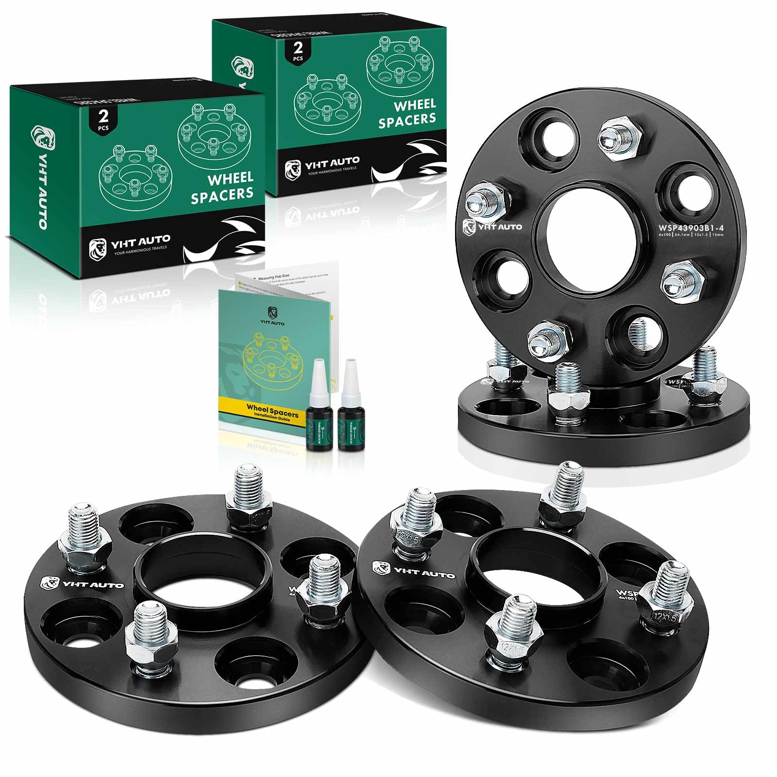 YHTAUTO 4x100mm Wheel Spacers 15mm Fits Kia, Ford, Mazda, Scion, Toyota, Fiat Models, Corolla, xB, Rio, Tire Spacers w/ M12x1.5 & 12.9 Grade Studs, 54.1mm Hub Bore 4 Lug 4PCS Black Wheel Spacers