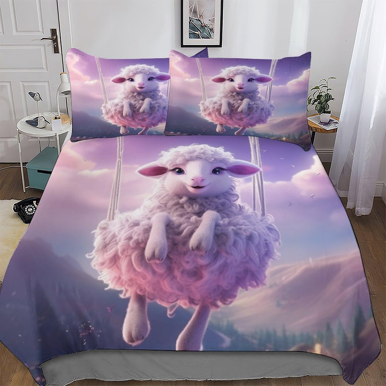 Cute Sheep 3D Comforter Cover Set - Brushed Microfibre Bedding Set Duvet Cover with Pillowcases, Soft Poly Cotton Quilt Cover 3 Pcs For Boys, Girls And Teenagers King (220x240cm)