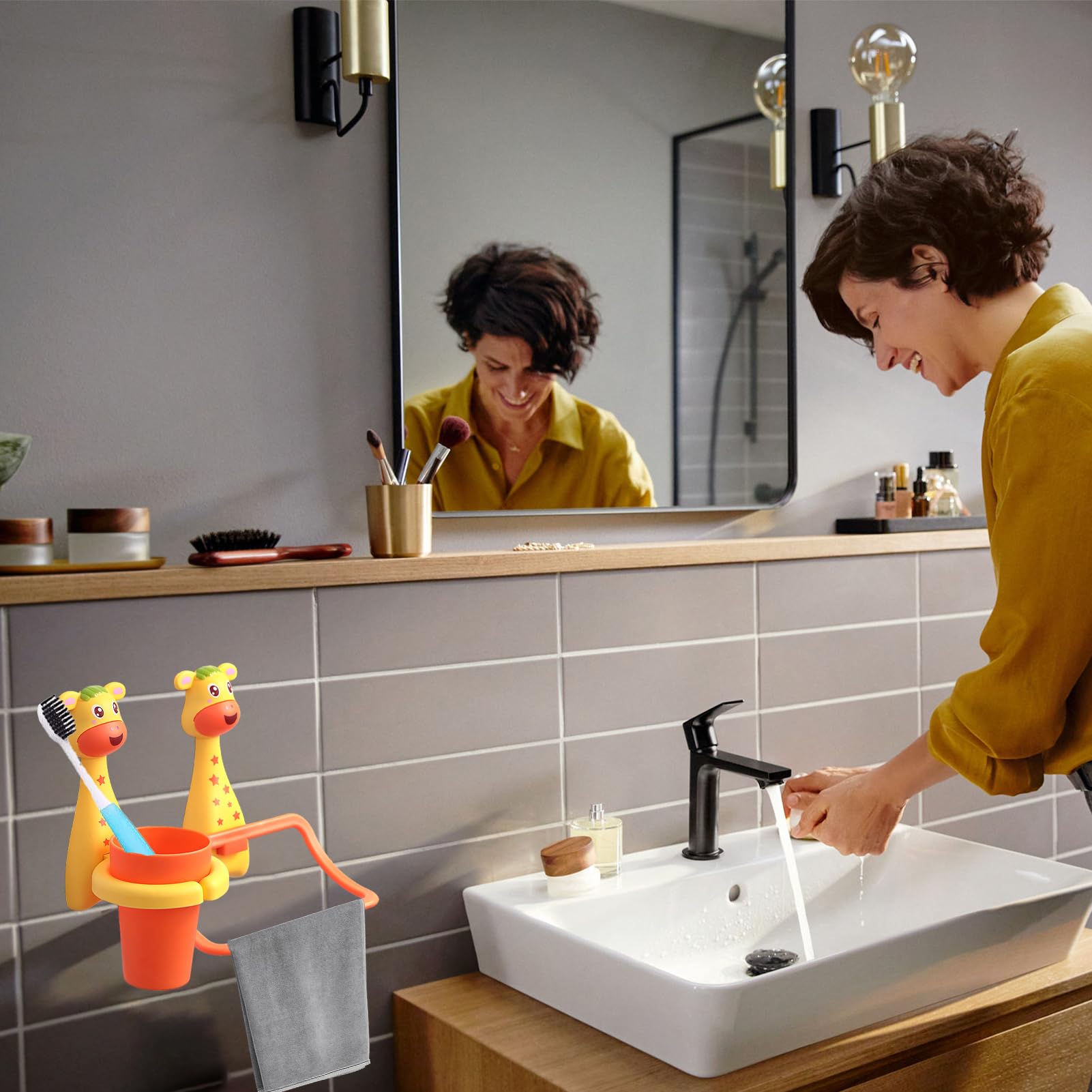 Jauhmui Set di portasciugamani per bambini, design con animali dei cartoni animati, supporto per spazzolino da denti senza forare, pulitore per neonati (giraffa)
