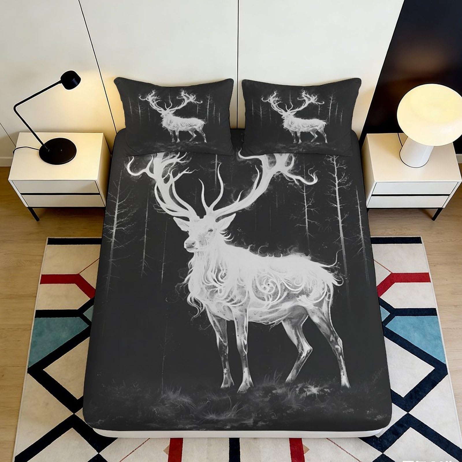 3D Printed Deer Forest Fitted Sheet Microfiber Soft Antler Wildlife Bed Cover for Bedroom Guest Room Decor Protection 90x200x25cm