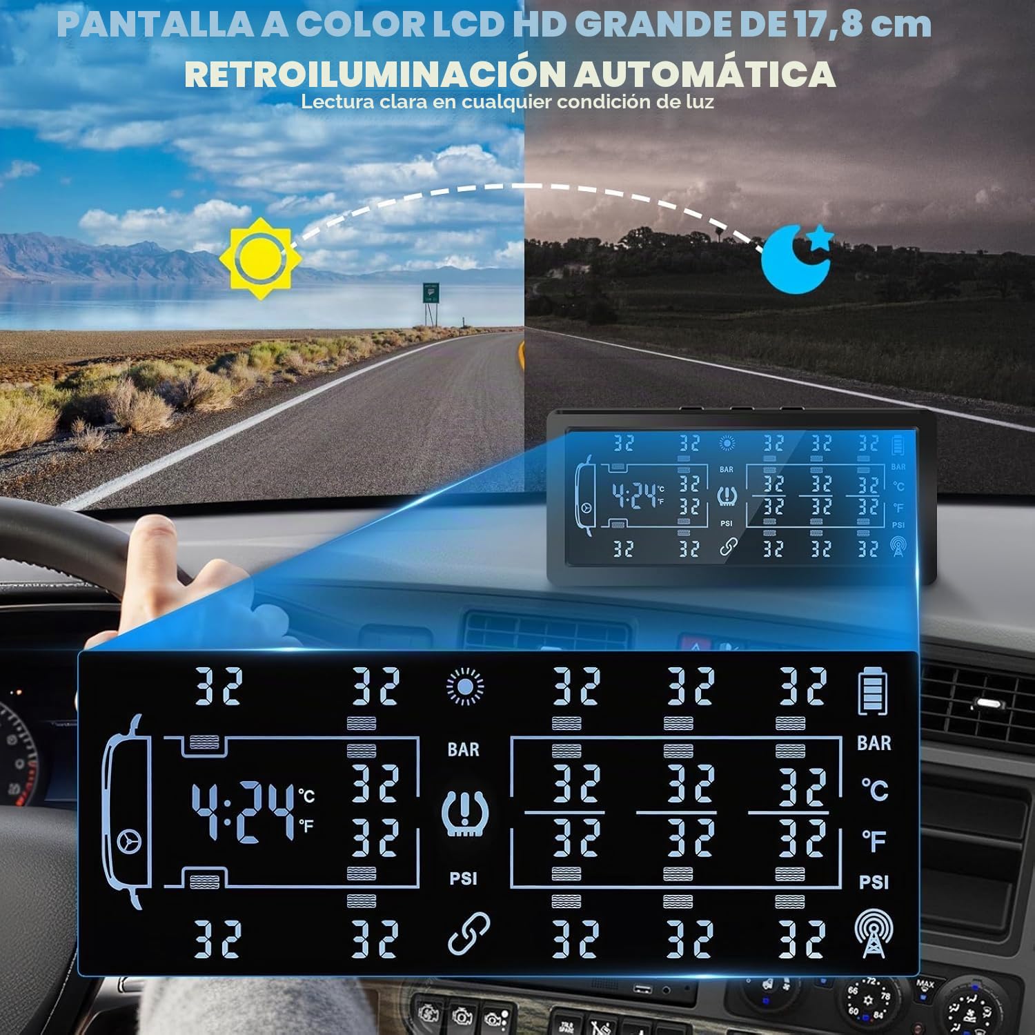 Sistema de monitoreo de presión de neumáticos TPMS con carga solar y USB con 10 sensores externos, pantalla LCD y alarma de voz, ajustable para 4/6/8/10 ruedas, se adapta a automóvil, camión