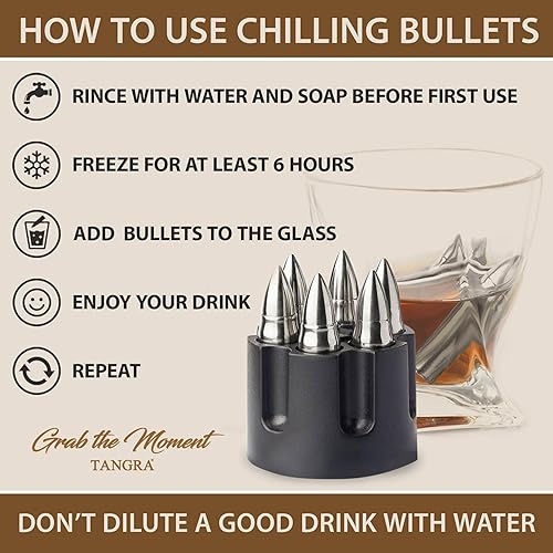 Miniatura 5 de Piedras de whisky grandes 6 enfriadores de acero inoxidable grabados con láser plateado con base de barril de revólver, rocas enfriadoras