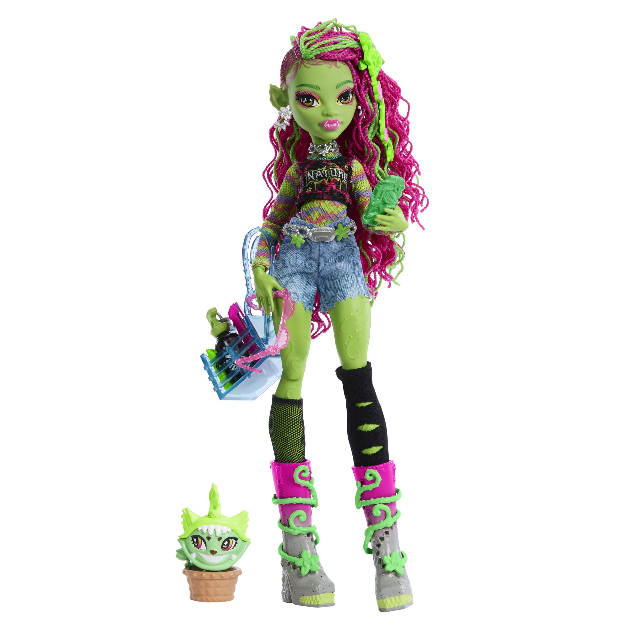 Monster High Venus McFlytrap Lalka + kotek Chewlian oraz akcesoria, takie jak plecak, notes i „przekąski”, HRP81