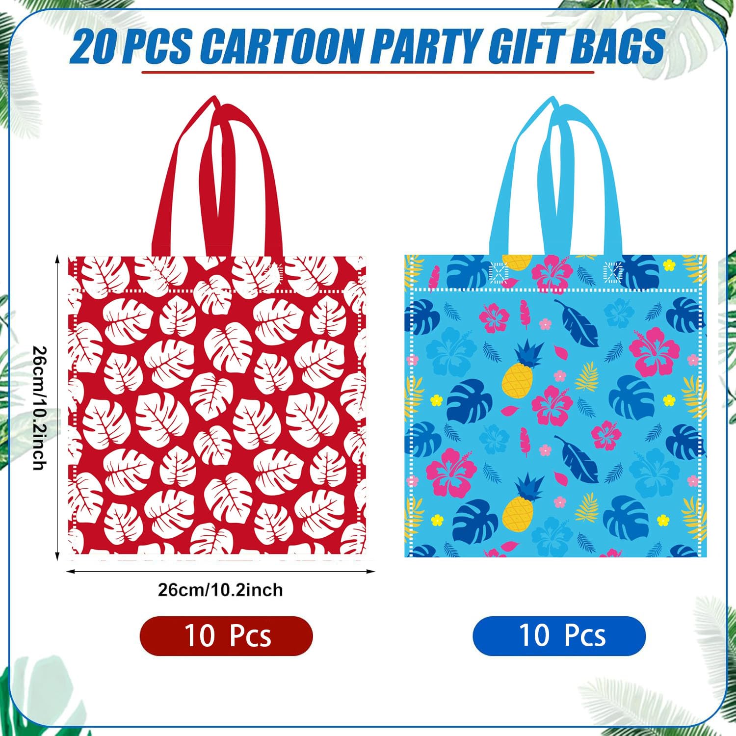 Fodran 20 Pcs Hawaiian Party Favor Bags, Reusable Cartoon Gift Non-woven Goodie Bags with Handles for Birthday Baby Shower Party Supplies Party Decorations