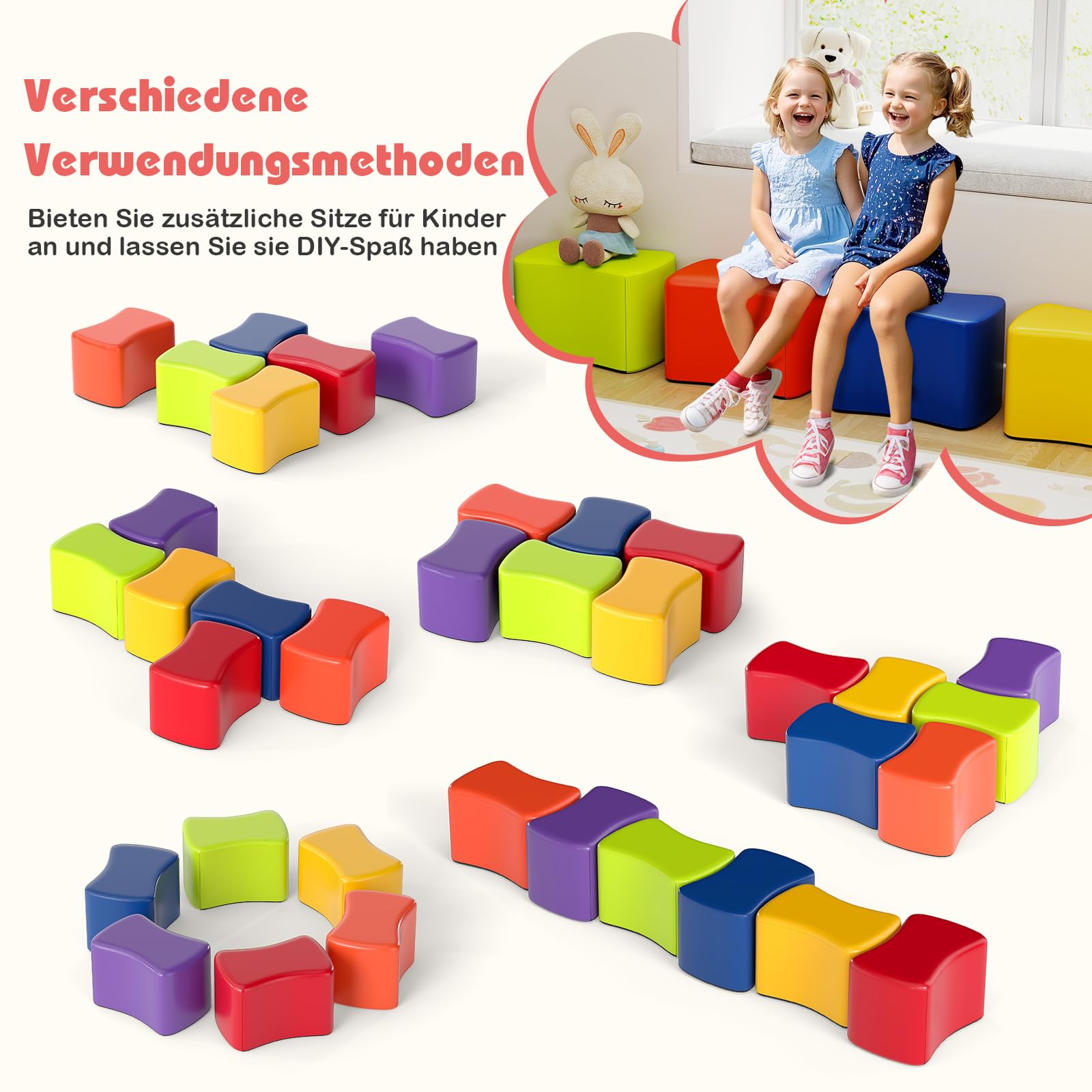 COSTWAY 6 er Set Kinderhocker, Schmetterlingshocker aus Schaumstoff mit abnehmbarem PU-Bezug, bunter Sitzhocker stapelbar, Fußhocker für Kinderzimmer, Kindergarten