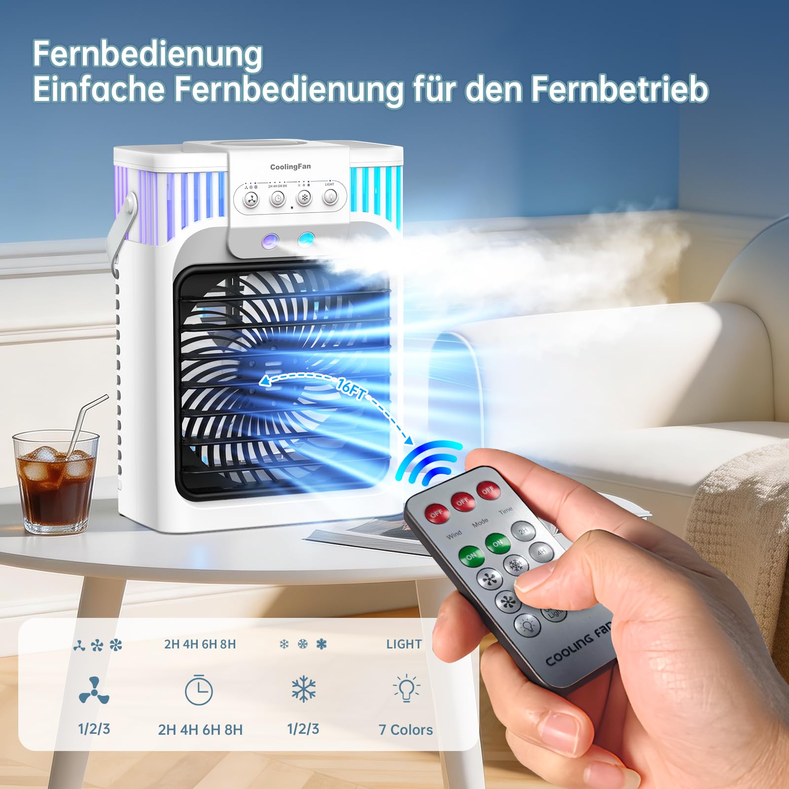 Klimaanlage Mobil, 4-in-1-Mobile Klimageräte mit Fernbedienung/3 Geschwindigkeiten/3 Nebelmodi/1200-ml-Wassertank/2-8-Stunden-Timer/Nachtlicht, Klimaanlage ohne Abluftschlauch für Zimmer Büro Camping
