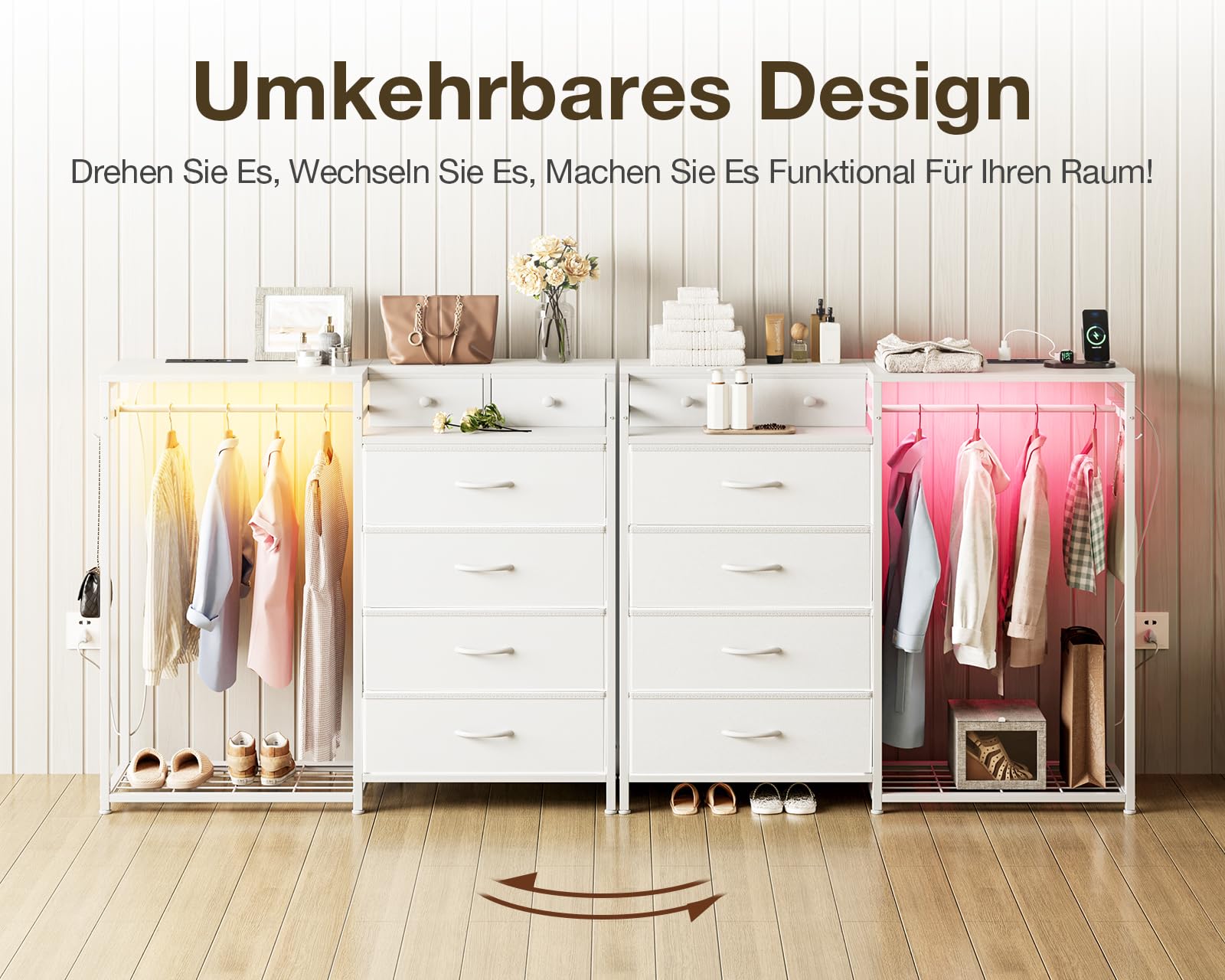 Coleshome Commode Chambre avec et Tringle à Vêtements, Eclairage LED et Prise Electrique, Design Réversible avec 6 Tiroirs, Commode en Tissu pour Chambre à Coucher et Salon, Blanc