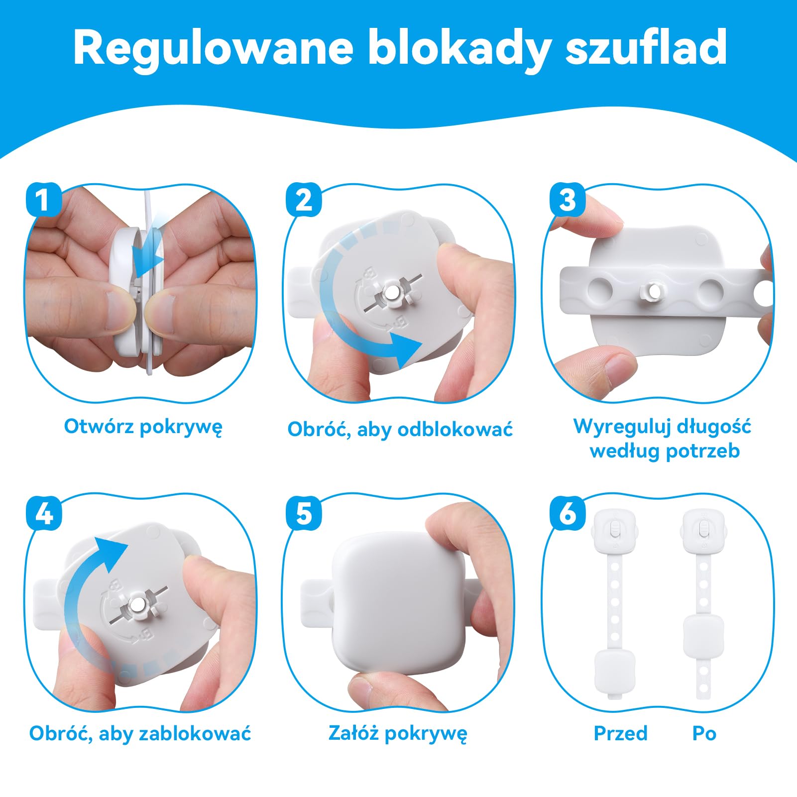 Bezpieczne zamki do szafek dla dzieci, 6-częściowe podwójne zamki zabezpieczające przed dziećmi, regulowane zamki zabezpieczające dla dzieci do szafek, szuflad, lodówki, toalety (biały)