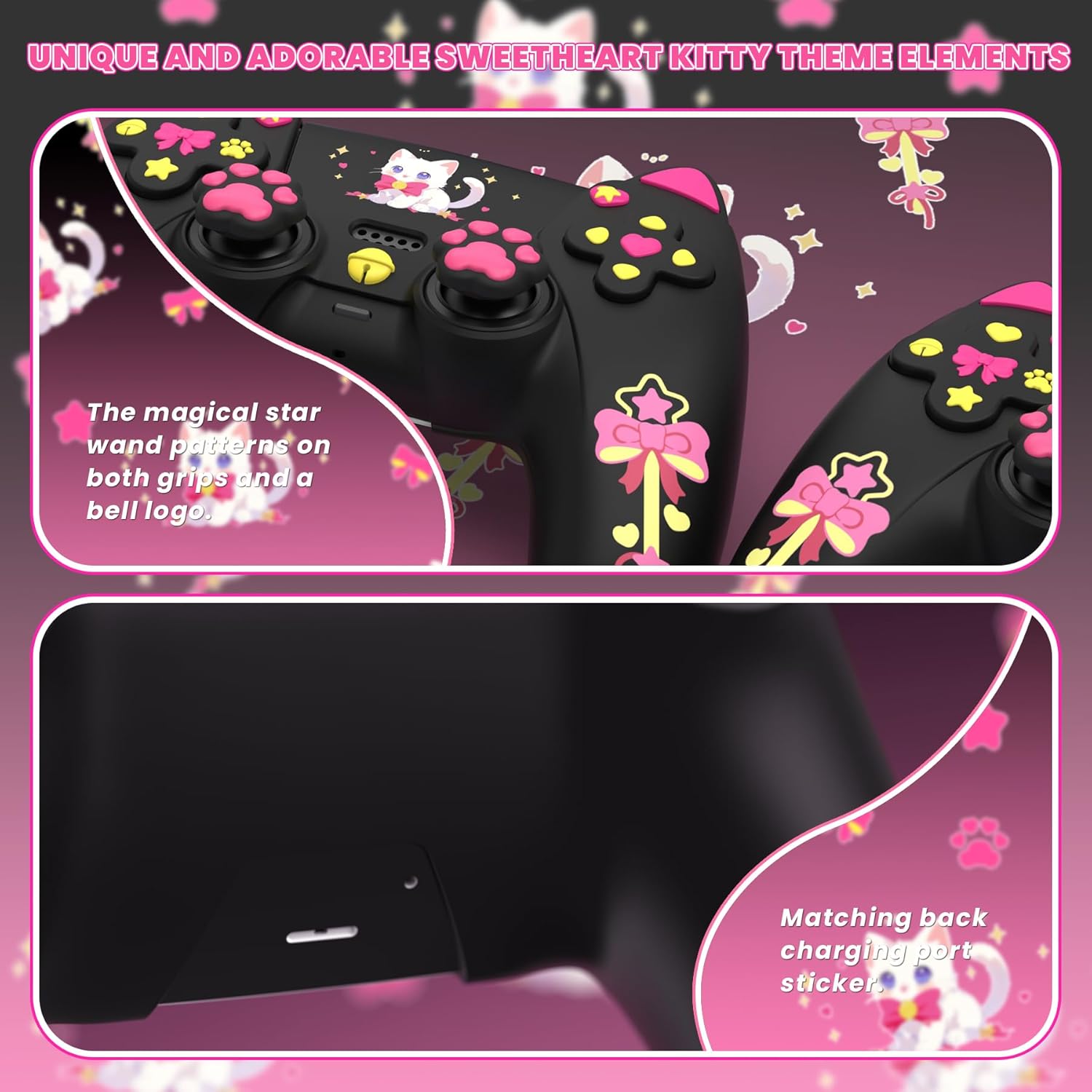 PlayVital Sweetheart Kitty Silicone Cover for ps5 Controller with 6 Joystick Caps and 6 Sticker, Soft Anti-Slip Full Protection Grip Skin Compatible with ps5 Charging Dock - Black - Image 5