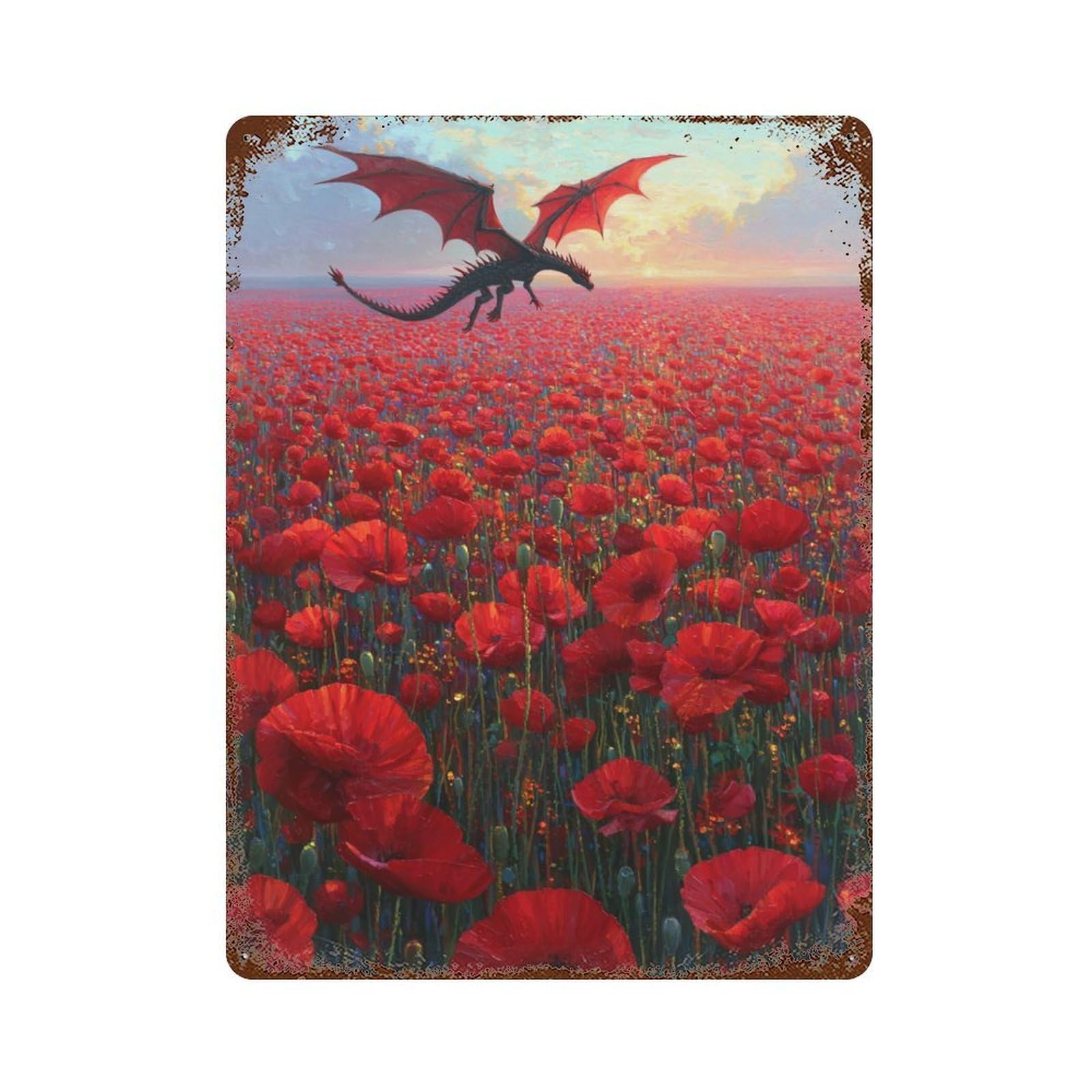 Dragon Over Poppy Field-1 Retro Metal Sign 15.7"x11.8", Old School Wall Decor for Garage, Bar And Workshop Decor
