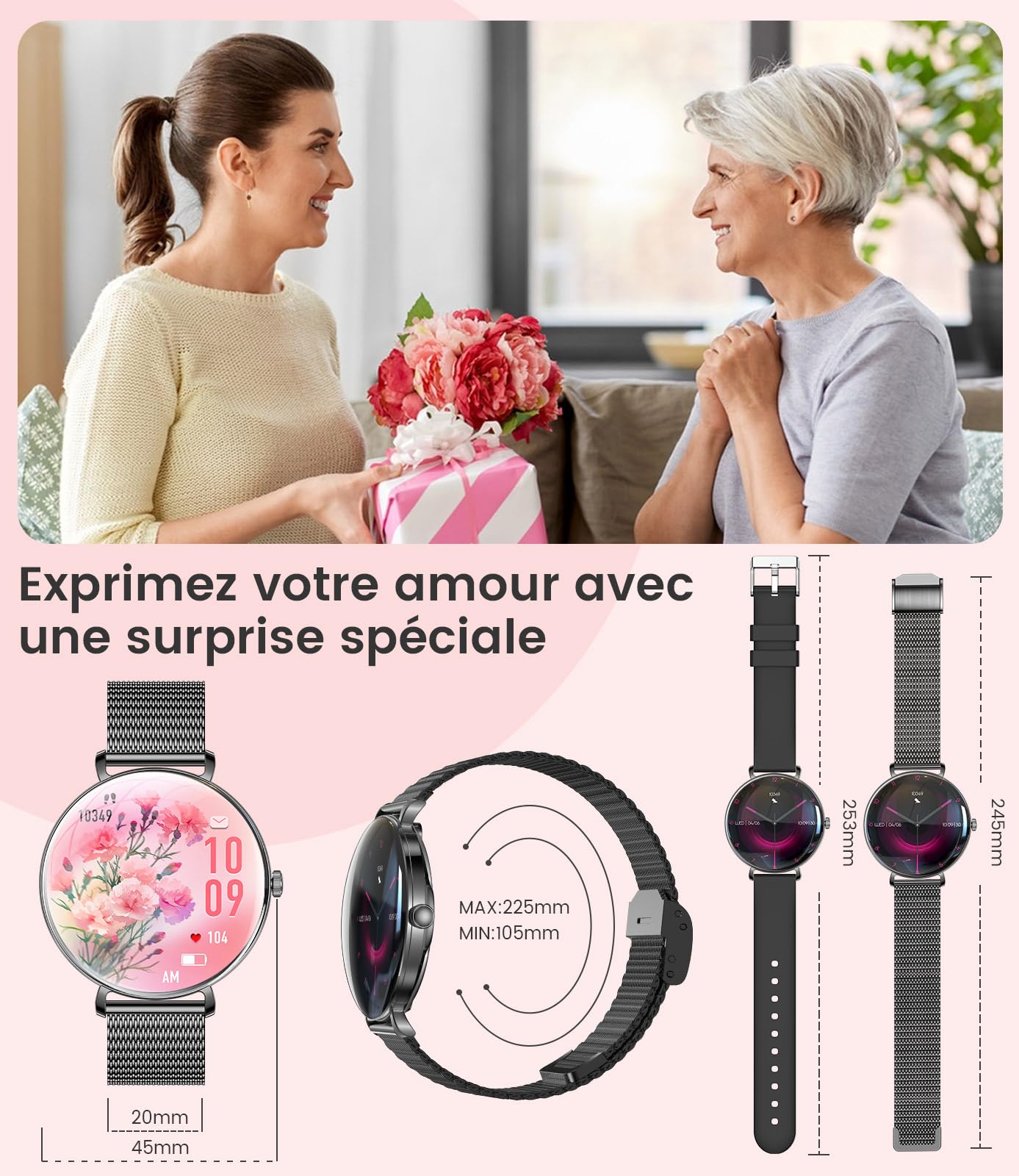 SUNKTA Montre Connectée Femme Léger avec Ultra-Mince 1.43'' Écran Courbé AMOLED Appels Podómetro/Fréquence Cardiaque 100+ Modes Sportifs IP68 Imperméable Élégante Femme Smartwatch Android iOS
