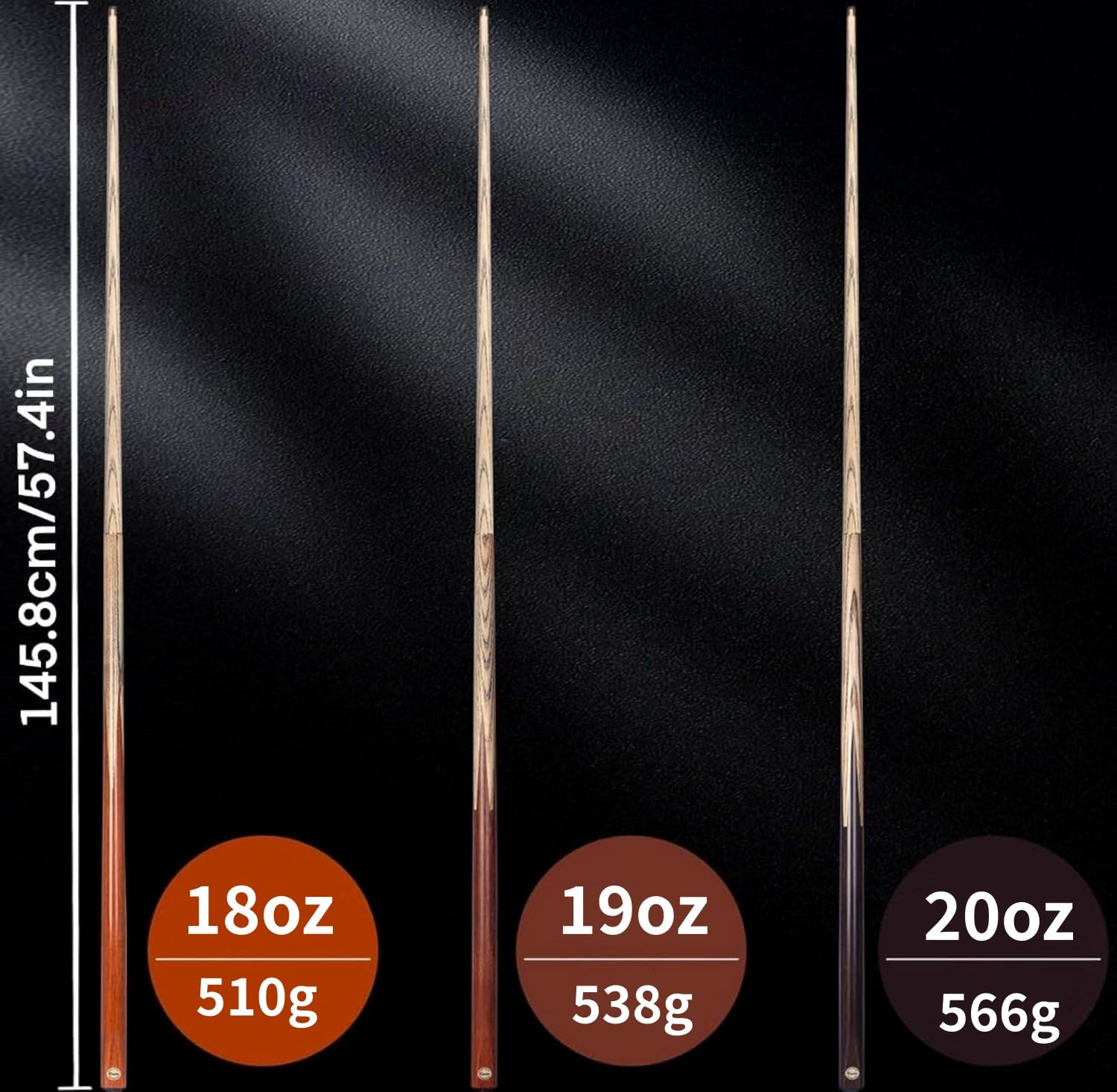 Kmise Set di 3 stecche da biliardo, punte da 144,8 cm, 9,5 mm, 510,3 g, 538,6 g, 567 g, processo di giunzione artigianale Maras/noce nero/Chacate Preto bastoncini da biliardo per adulti, uomini, donne