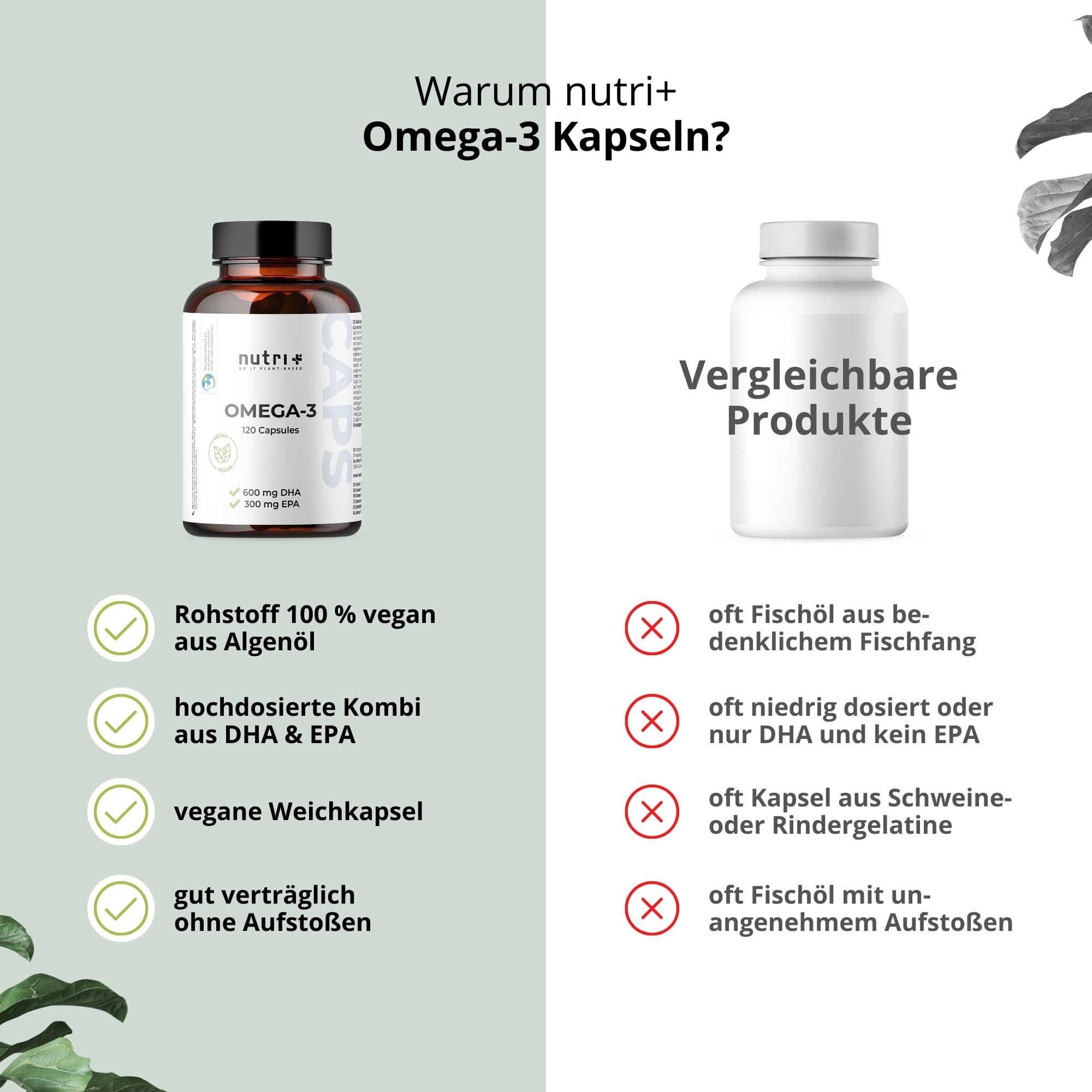 Nutri + Vegan Omega 3-120 Kapseln aus Algenöl - 2000 mg Algen Öl hochdosiert mit 600 mg DHA 300 mg EPA - hochwertig, natürlich und laborgeprüft