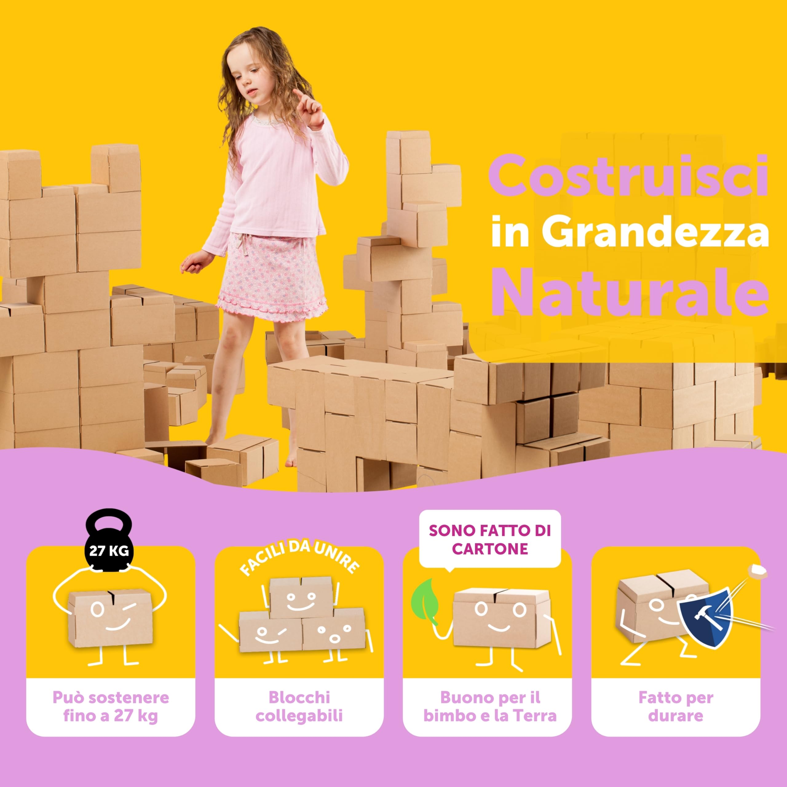 GIGI Bloks Capanna per Bambini da Interno | Set Costruzioni Incastro & Empilabili per Casetta per Bambini in Cartone con 203 Blocchi Costruzioni | Casa Giocattolo Robusta & Facile da Montare