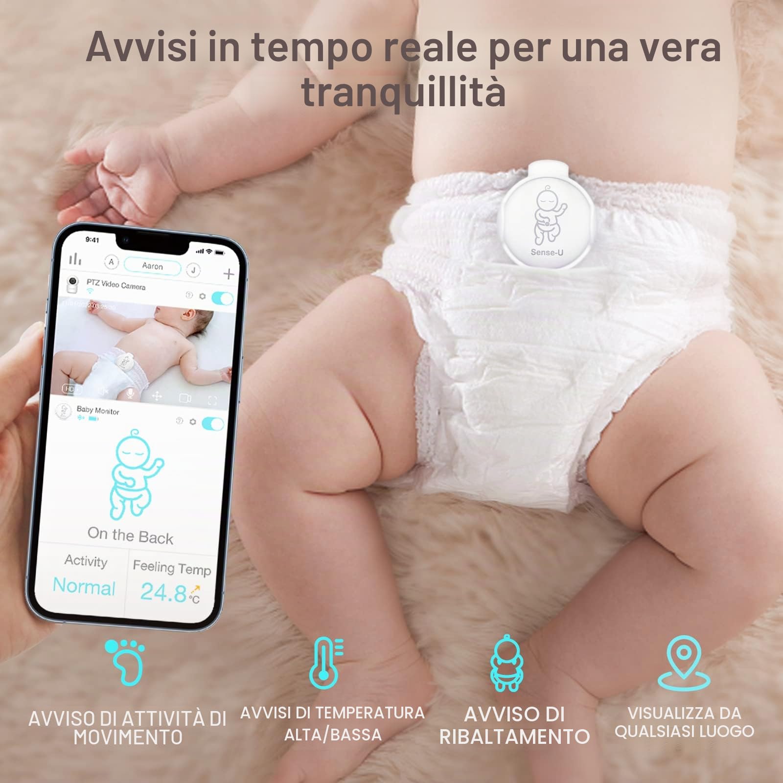 Sense-U Smart Baby Monitor 3+ Crystal Clear 2K Remote PTZ, rileva posizione sonno, Rollover, Sensori temperatura | Visione notte, conversazione bidirezionale, rilevamento
