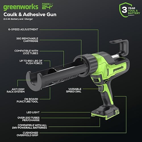 Miniatura 2 de Greenworks Pistola de calafateo y adhesivo inalámbrica de 24 V de 10 onzas, antigoteo de 6 velocidades con batería de 2 Ah y cambiador