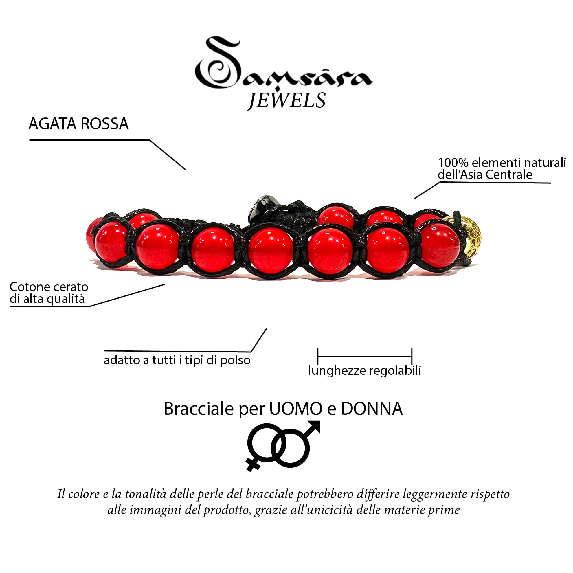 Samsara Bracciale Tibetano Buddista - Shamballa con Agata Rossa - Filo in cotone cerato