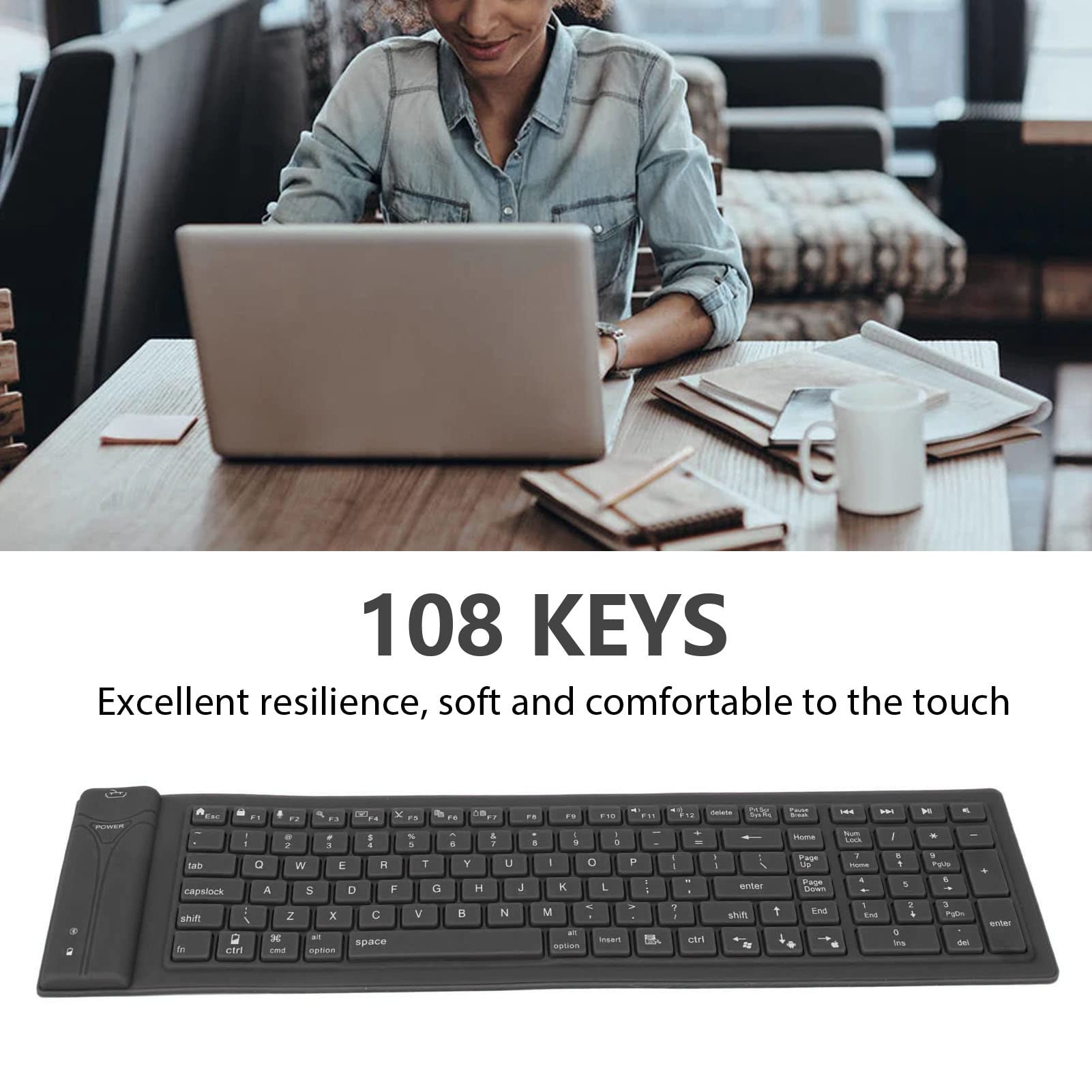 Tastiera silenziosa in silicone pieghevole tastiera in silicone senza fili 108 tasti portatile gomma morbida leggera impermeabile arrotolabile per computer portatile PC