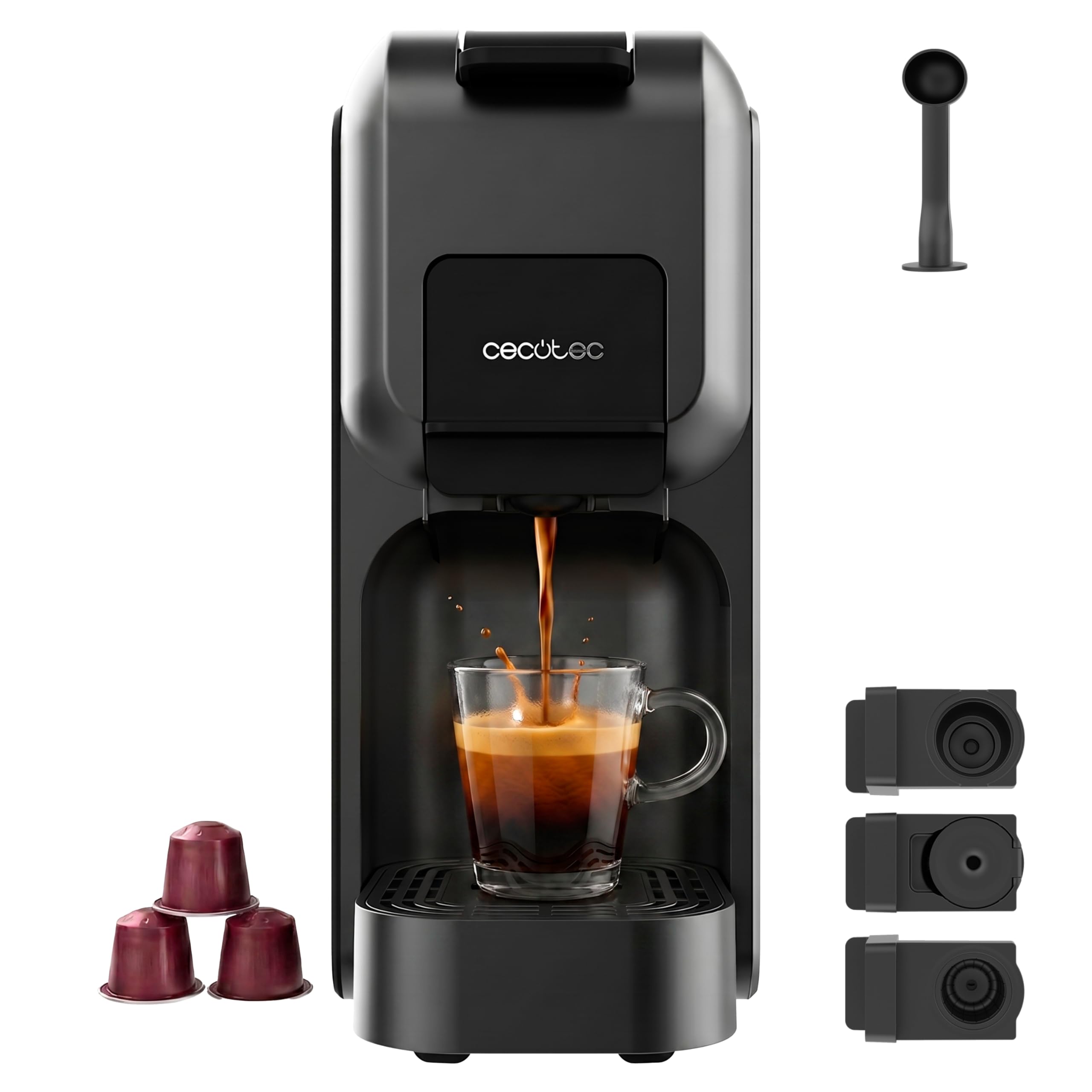 Cecotec Cafetera Cápsulas Express FreeStyle Compact Black Art Elite. 1350W, 20 Bares, Apta para Café Molido, Dolce Gusto, Nespresso y K-fee, Depósito Extraíble de 800ml, Apagado Automático