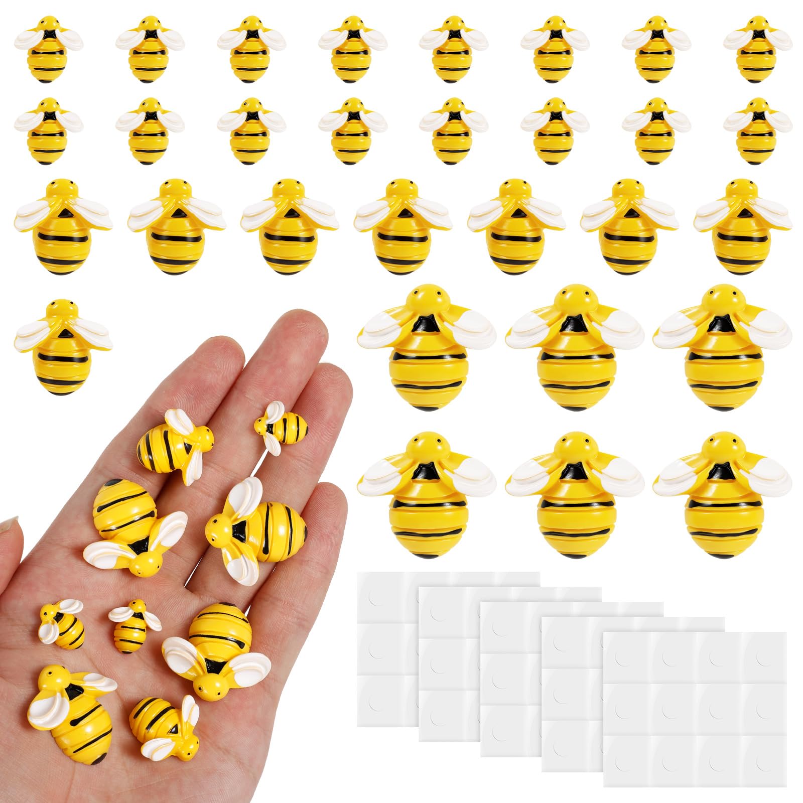Kuanght 32PCS Tiny Resin Bees for Crafts, 3 Sizes Mini Bumble Bee with 48 Double Self Adhesive, Flatback Bumblebee Embellishments for DIY Wreath, Crafts, Scrapbooking and Party Decoration