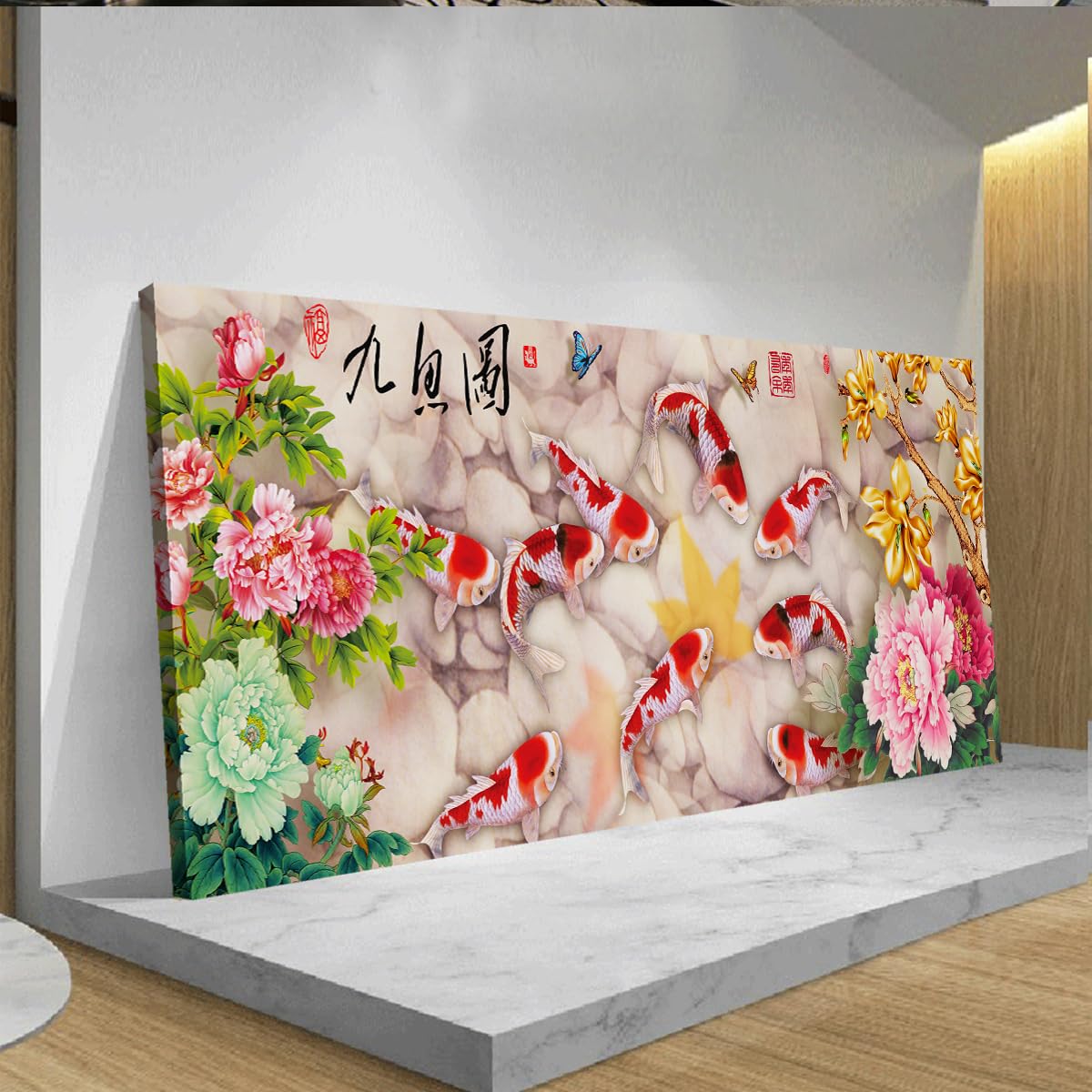 CHERHERART 9 stampe di pittura di pesci su tela per casa sala da pranzo soggiorno camera da letto murales in stile cinese Koi e peonia murales 55x140cm