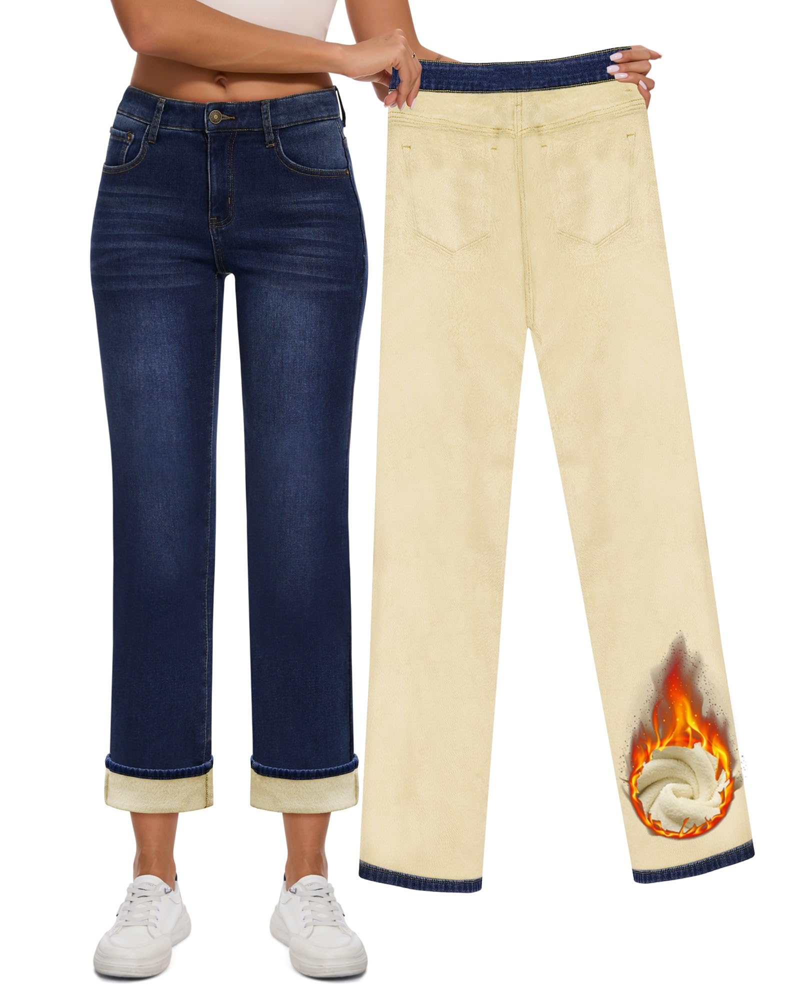 Women Fleece Lined High Waisted Straight Leg Jeans