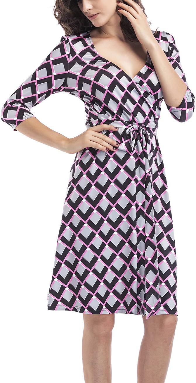 Yomoko Women's Casual V Neck Faux Wrap A Line 2/3 Sleeve Summer Cocktail Party Dress
