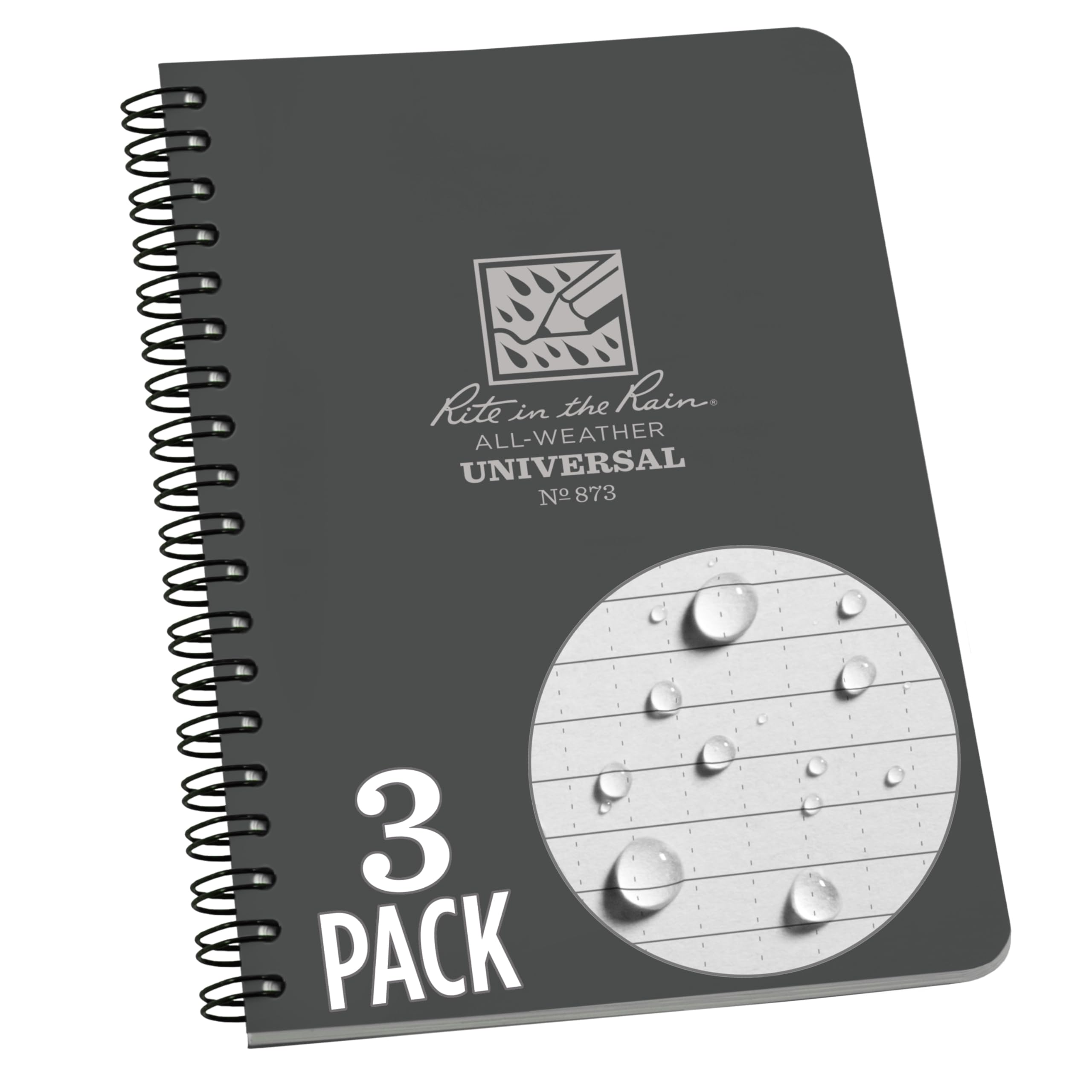 Rite in the Rain Weatherproof Side Spiral Notebook, 4.625" x 7", Gray Cover, Universal Pattern, 3 Pack (No. 873L3)