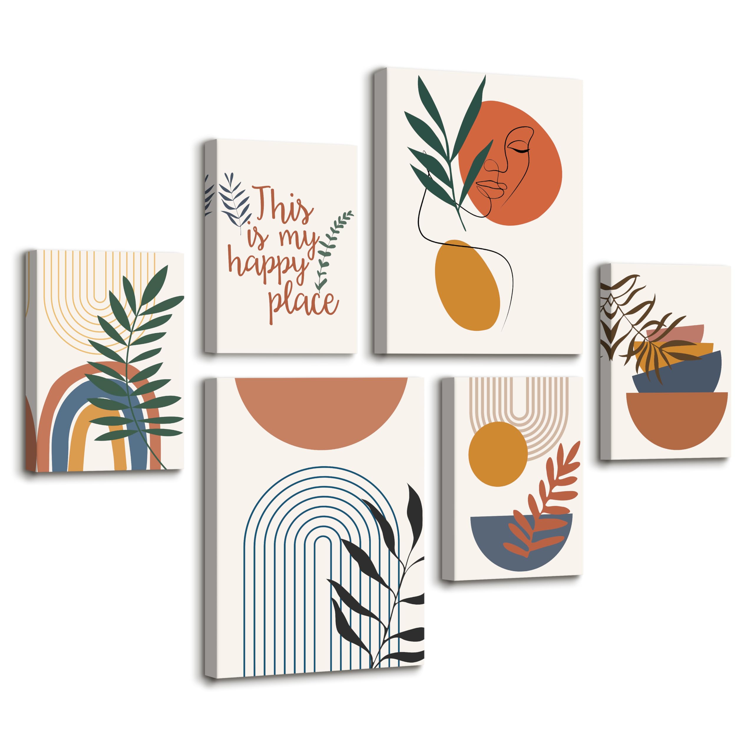 6 Pcs Wooden Framed Canvas Wall Art Set Colorful Boho Canvas Prints Abstract Green Leaves Painting Minimalist Geometric Sun Moon Pictures for Living Room Bedroom Wall Decor 30x40 cm x2+20x30 cm x4