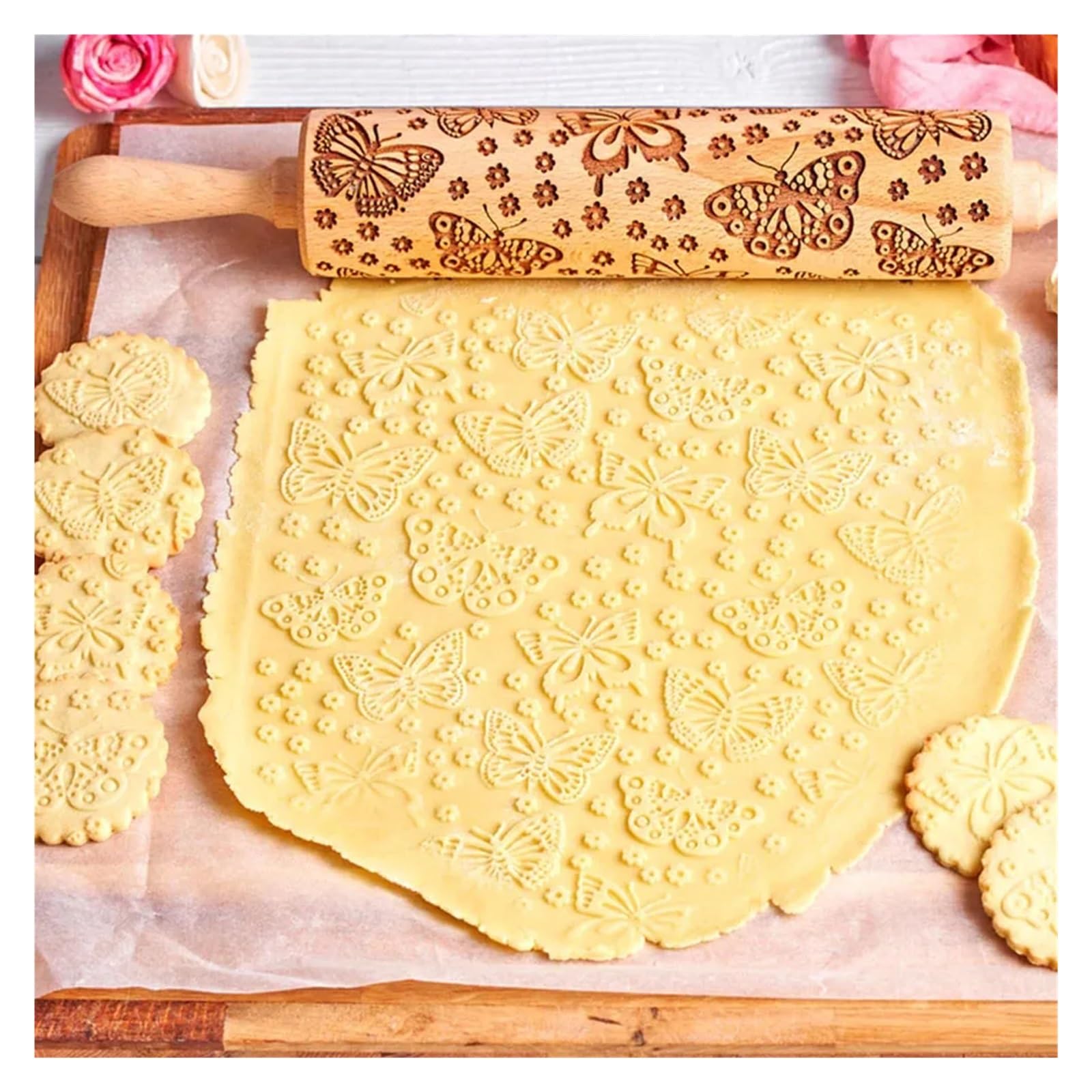 Rouleau à pâtisserie en Bois gaufré Motif Papillon, 13,7 Pouces, for pâtisserie, ... pour Cuisine, Pâtisserie(Color 1)