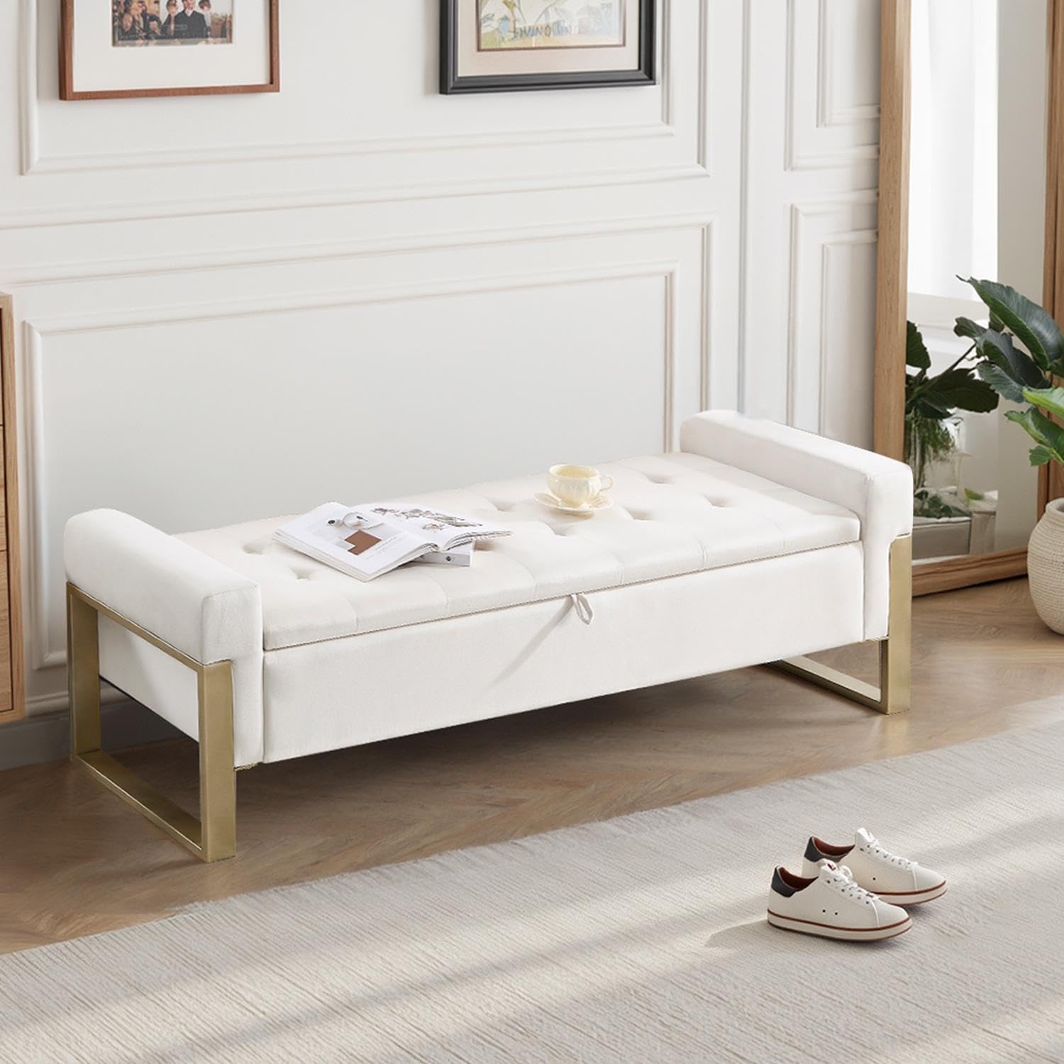 End of Bed Storage Bench, 67'' Benches for Bedroom Foot of Bed King Size, Morden Velvet Storage Ottoman Bench with Gold Legs for Windows Living Room, Cream