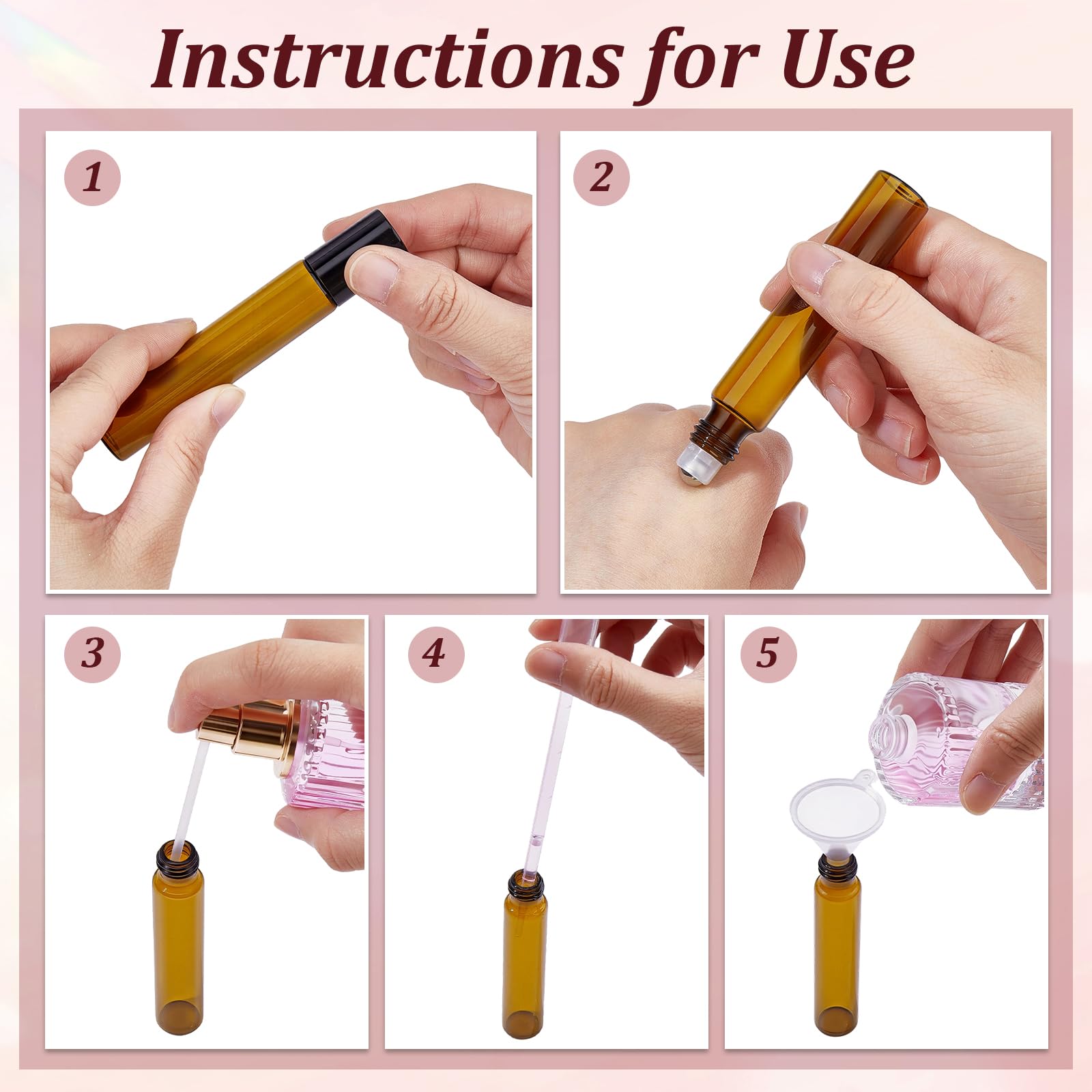 120 bottiglie a rullo per oli essenziali, 10 ml, vuote, in vetro, con sfera in acciaio inox, 12 pipette, 12 erogatori e 12 tramoggia, flaconi a rullo color ambra, per profumi, aromaterapia