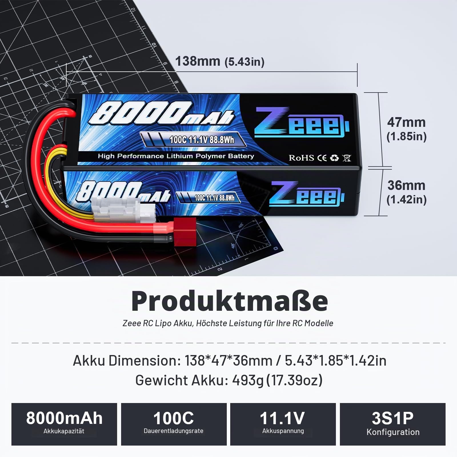 Zeee 3S Lipo Akku 11,1V 8000mAh 100C RC Batterie Hardcase mit T Stecker