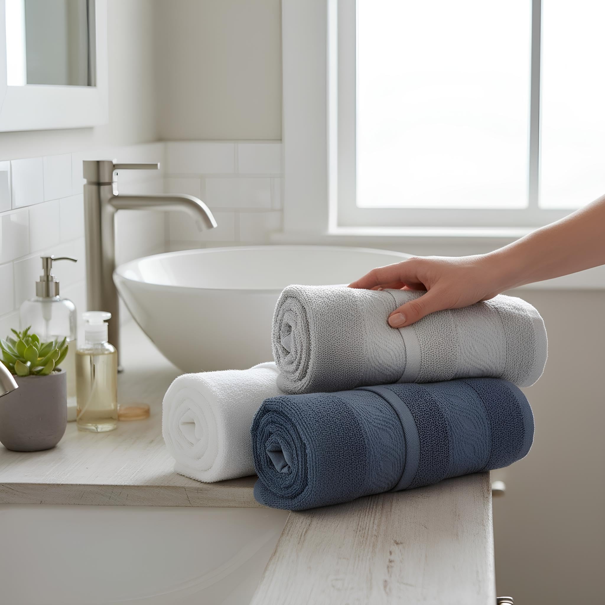 Bifulco x Rebecca Home Set di 6 Asciugamani in Spugna 100% Cotone 3 Viso 60x100 + 3 Ospite 40x60 con Balza Jacquard Art. Onda (Bianco/Indigo/Grigio)
