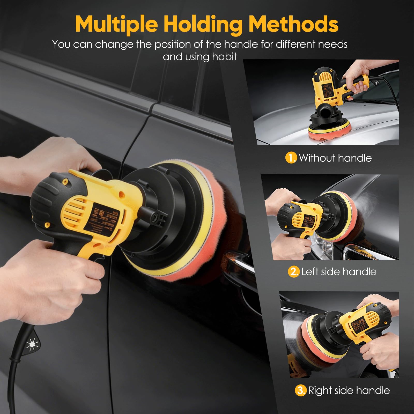 Pulidora Coche, 700W Pulidor de Autos con 6 Velocidades Variables 600-3700RPM Polidora Auto, Mango Desmontable y 5 Almohadillas de Pulido Desmontables para Autos, Pulido, Encerado