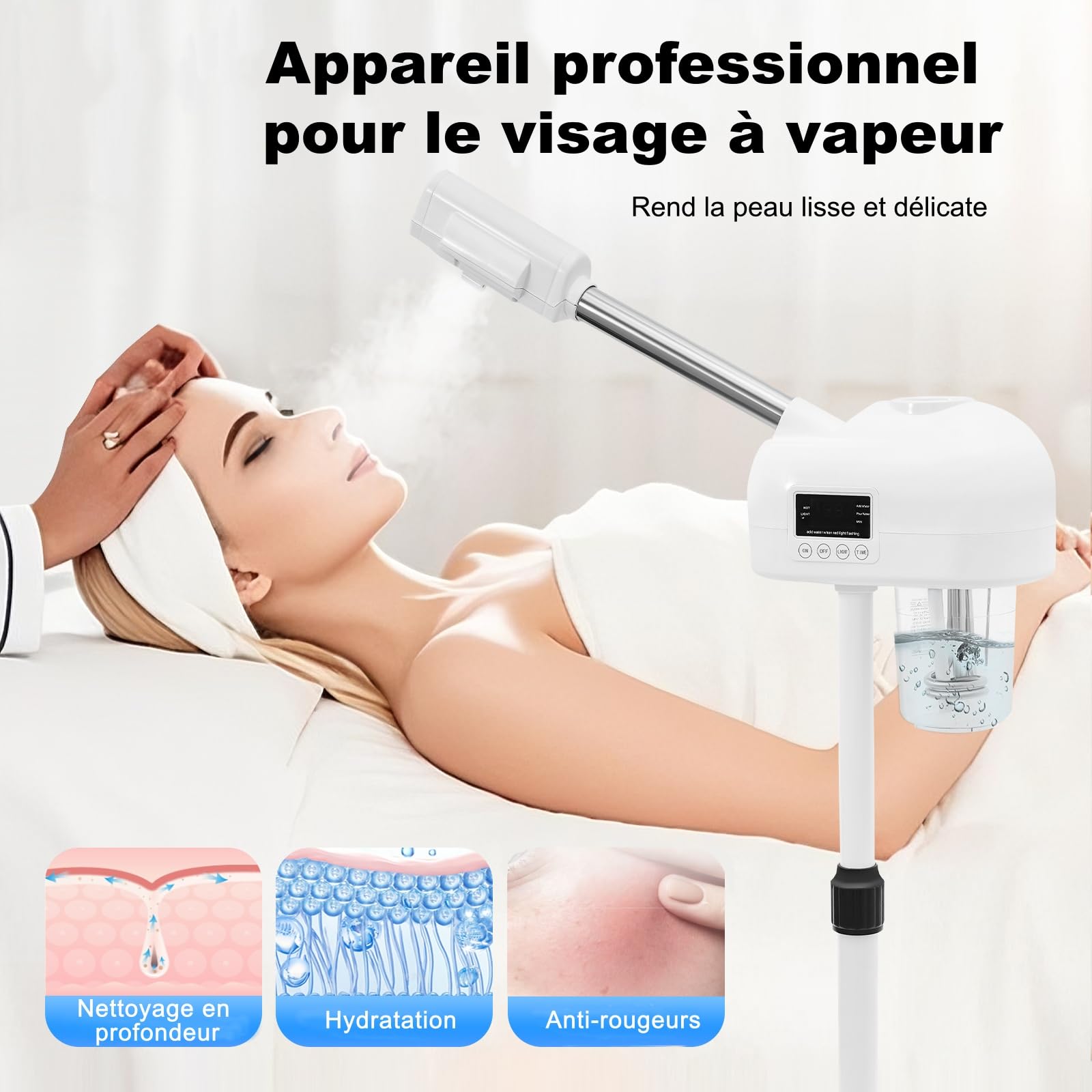 Cuiseur Vaporise Facial Professionnel, 42 °C Cuiseur Vapeur Visage Multifonctionnel Brumisateur Hydratante Eau avec 360 ° Buse Pivotante, Vapozone Esthétique pour Salon et Usage Domestique