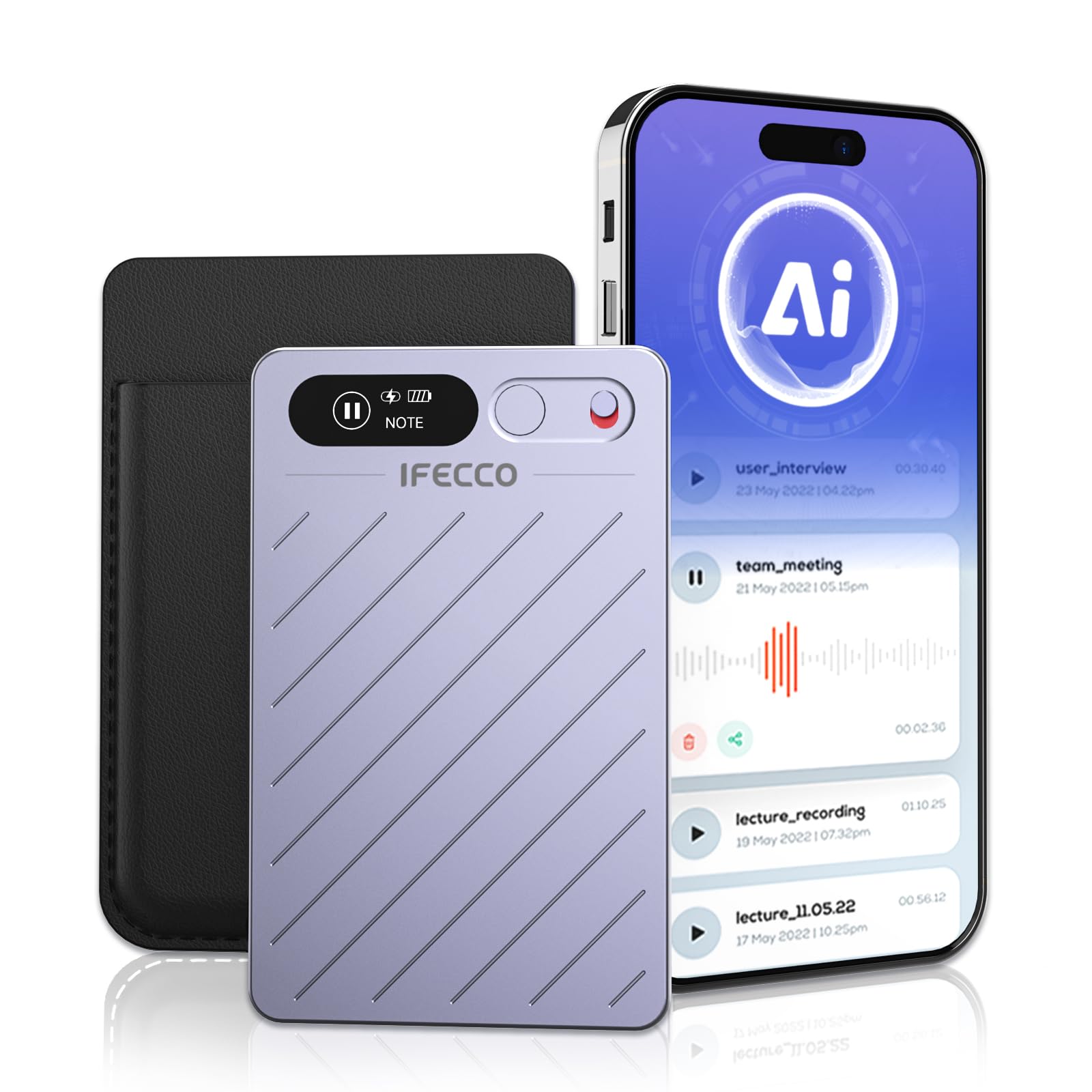 IFECCO AI Voice Recorder - Digital Voice Recorder Summarize with AI Technology, 64GB Memory, Support 152 Languages, App Control, Audio Recorder for Lectures Recorders, Meetings, Calls