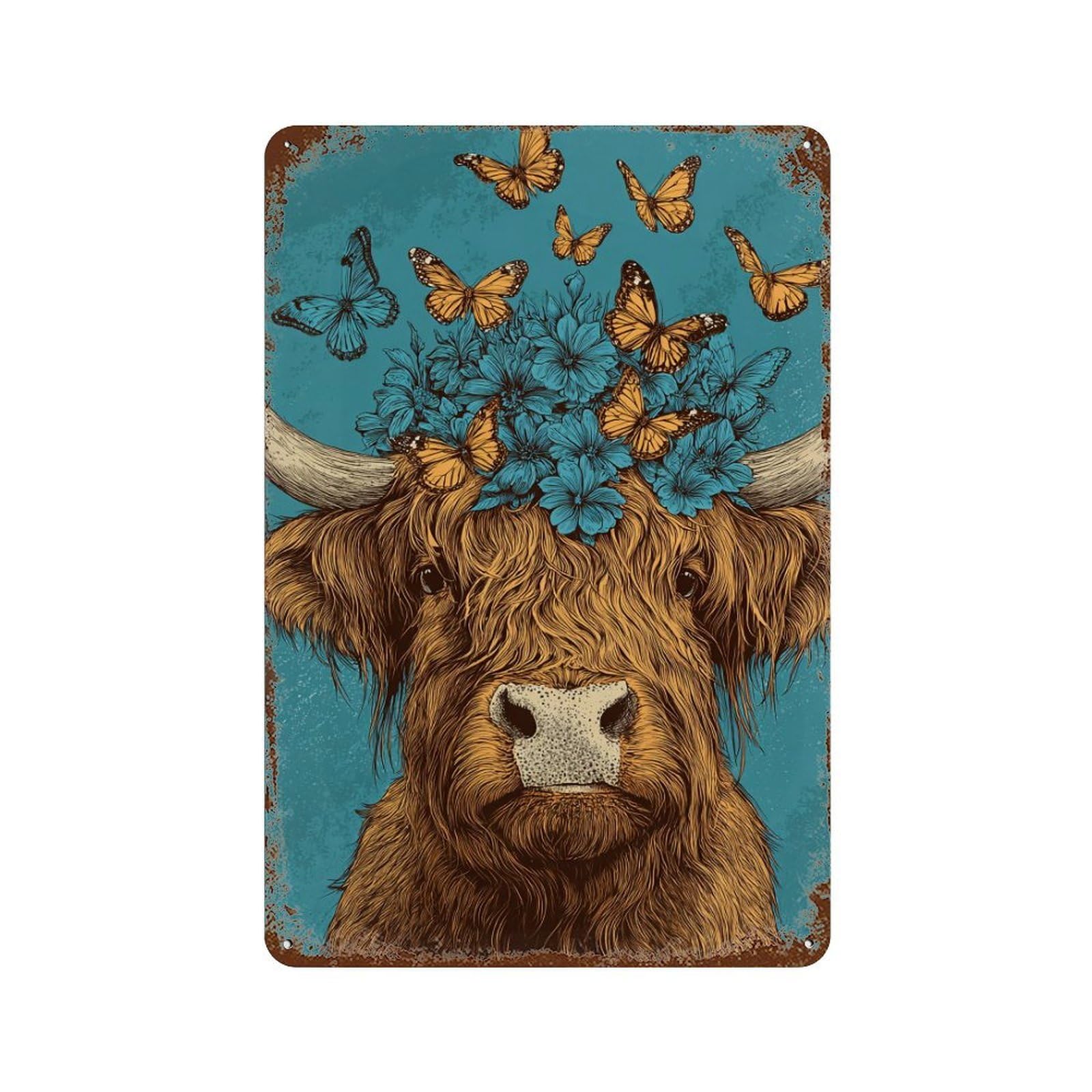 Rust Effect Butterfly Cow Illustration Art Print Rusty Metal Tin Sign 11.8"x7.9", Shabby Chic Decor for Garage, Bar And Workshop Decor