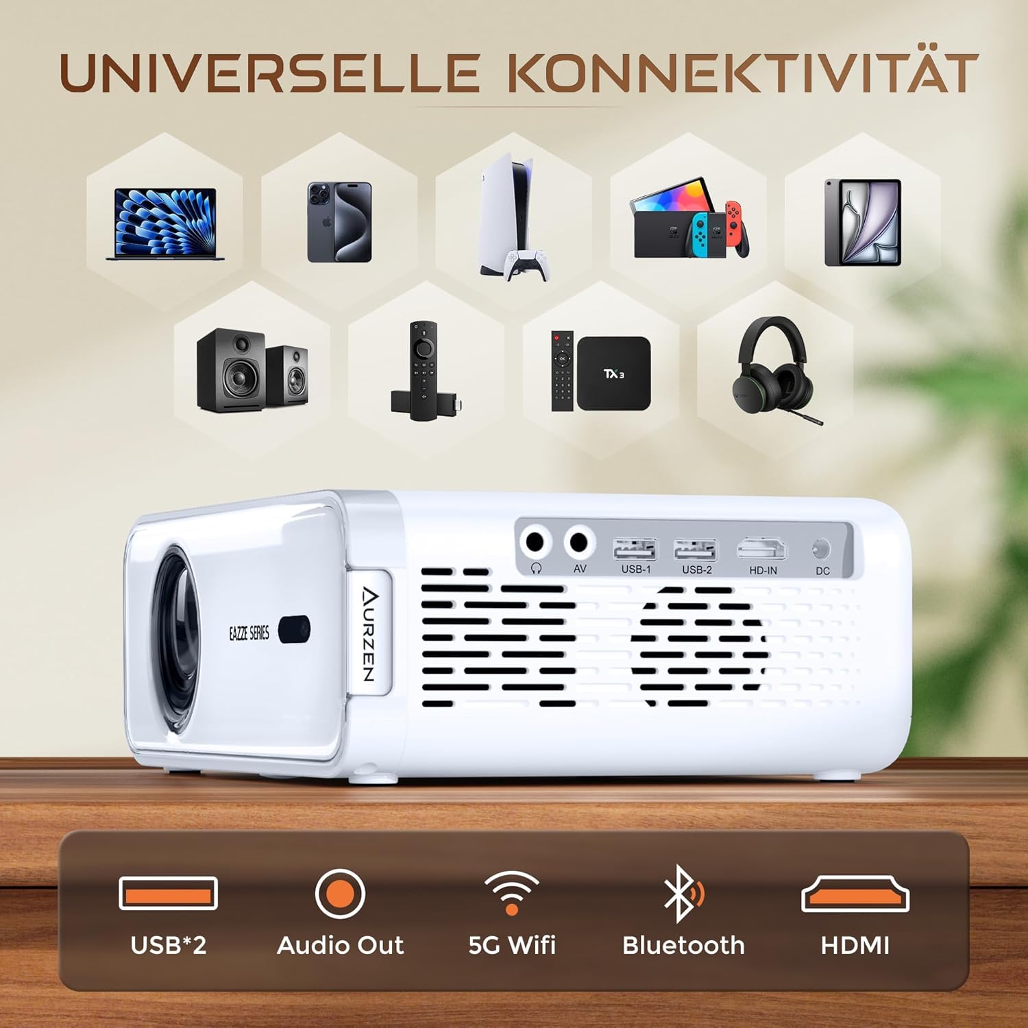 Aurzen EAZZE D1 Smart Beamer Heimkino Projektor 4K Unterstützt Full HD 1080P Beamer mit Netflix & Dolby Audio, Autofokus & Trapezkorrektur, Mini WiFi Bluetooth Video Projektor, Weiß