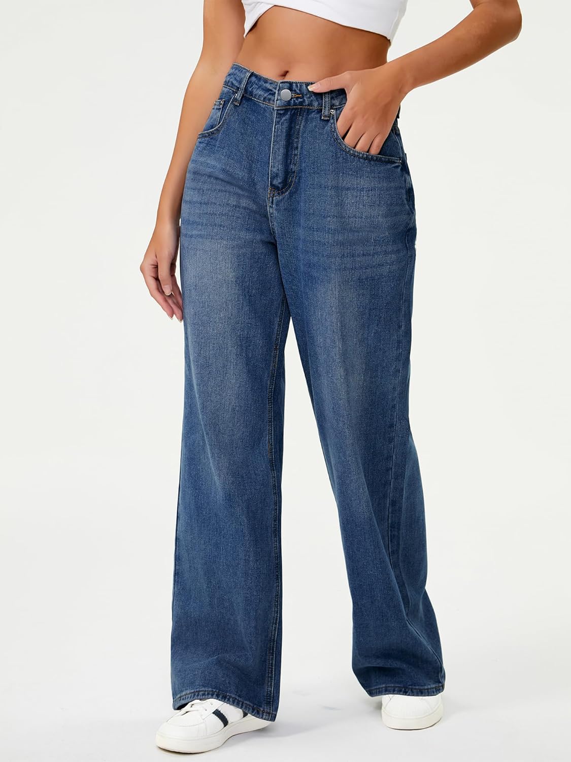 HDLTE Women's High Waist Baggy Boyfriend Jeans - Wide Leg Loose Denim Pants with Pockets(Dark Blue,Large) - Image 3