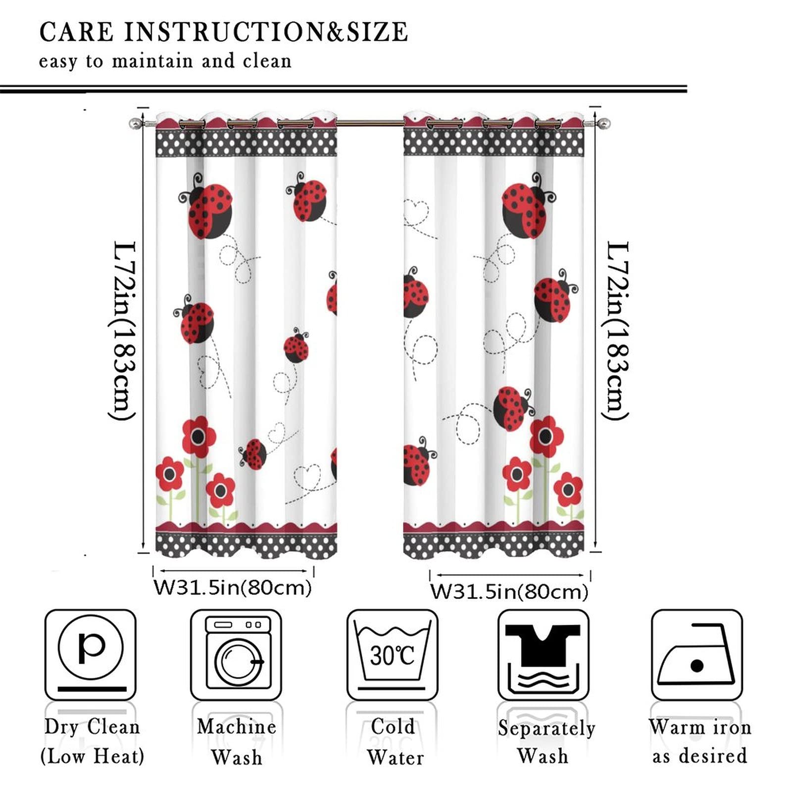Cartoon Red and Black Plaid Ladybug Ultra Soft Premier Blackout Curtains,Cute Forest Animal Theme Dot DecorThermal Insulated Bedroom Noise Reducing Patio Door Grommet Top,2 Panels 72L x 31.5W