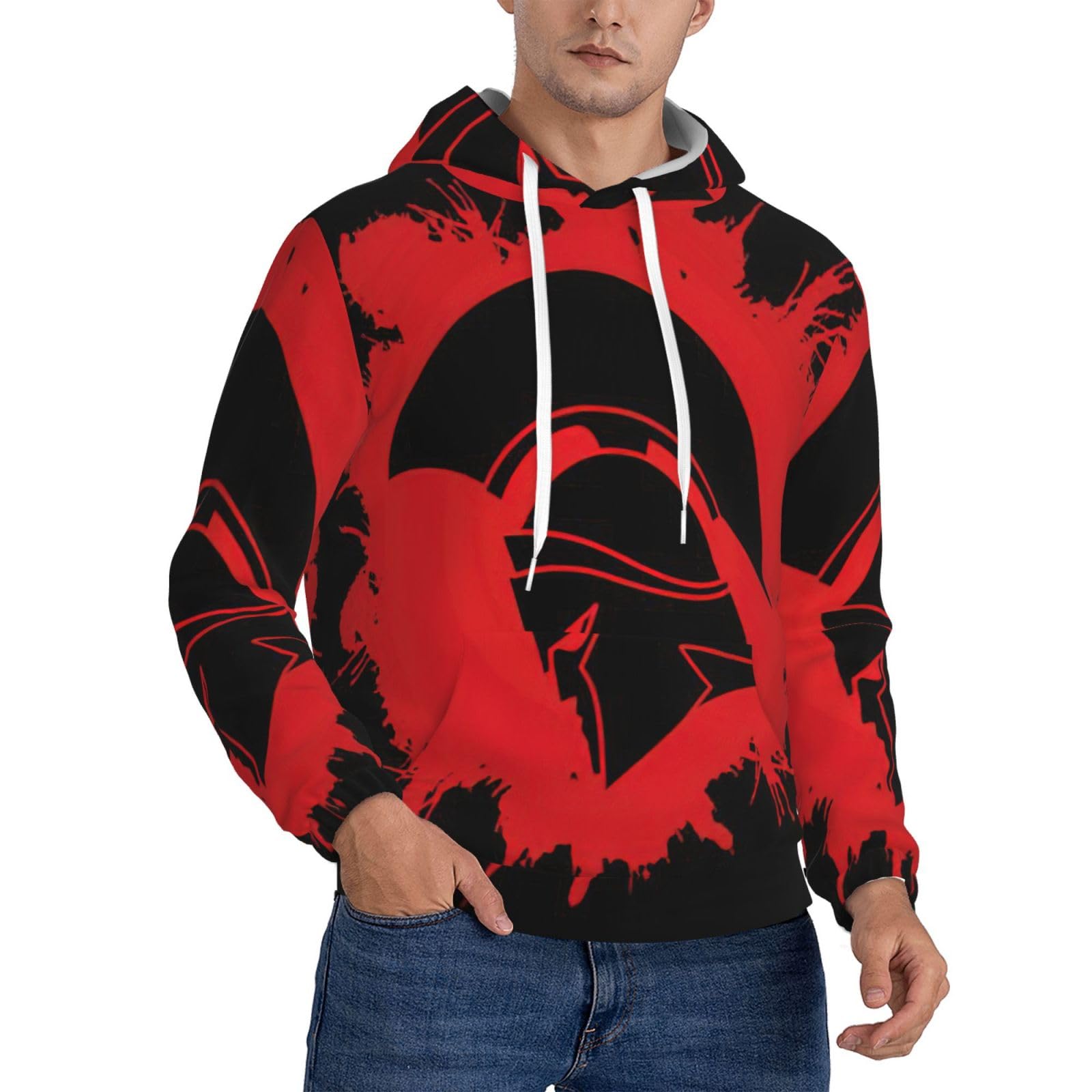 DUWAA Spartan Warrior Helmet Print Mens Hoodies Pullover, Long Sleeve Drawstring Hooded Sweatshirt, Adult Winter Sweatshirts Black