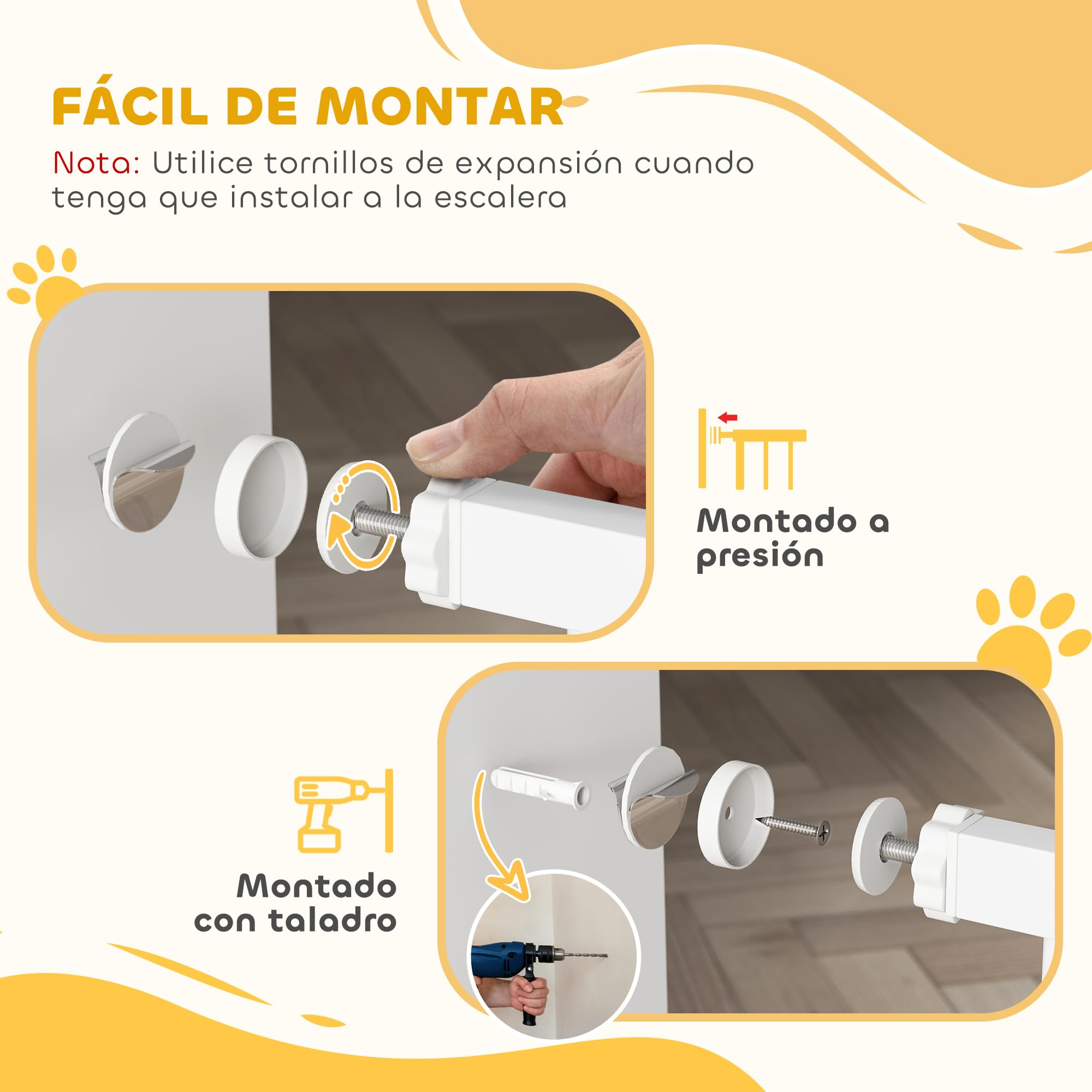 PawHut Barrera de Seguridad para Puertas y Escaleras Barrera para Perros con Cierre Automático y Sistema de Doble Bloqueo Metal 3 Extensiones 17,5/20,3/30,5 cm, 74-147,5x76,2 cm Blanco