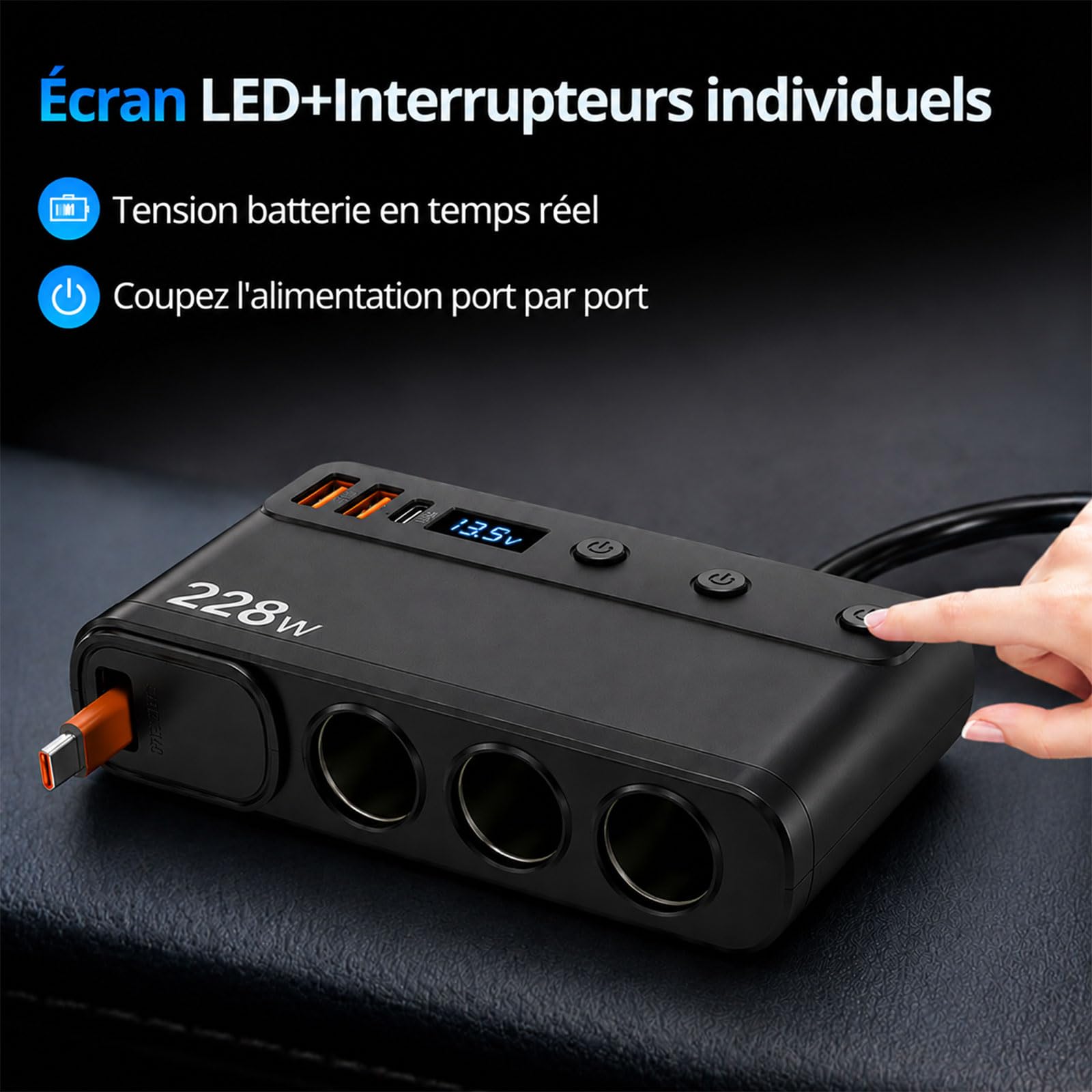 Cargador de coche USB-C PD45W, 9 en 1, 228 W, adaptador para