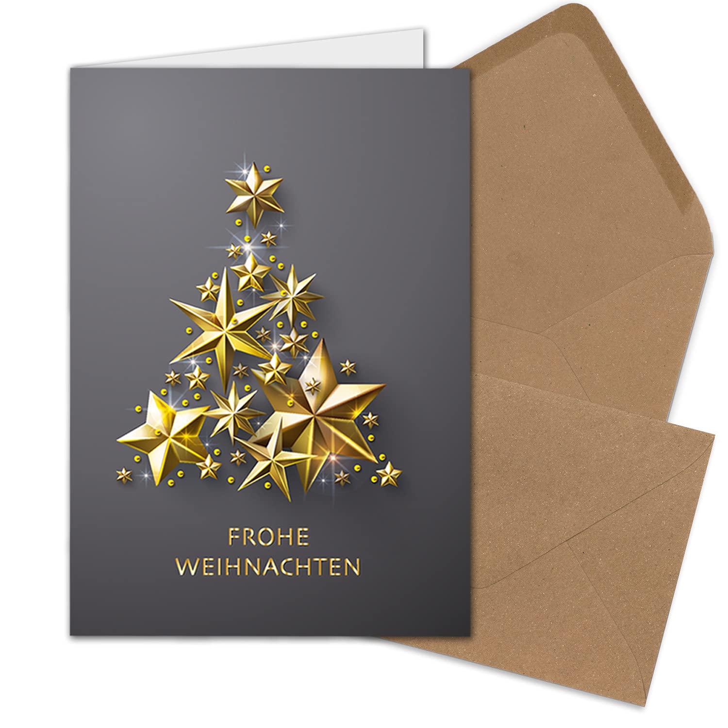 Set de 100 tarjetas de Navidad XL DIN A5 con árbol de Navidad dorado de estrellas – Tarjetas plegables con sobres a juego DIN C5 papel de estraza marrón arena con adhesivo húmedo – saludos de Navidad