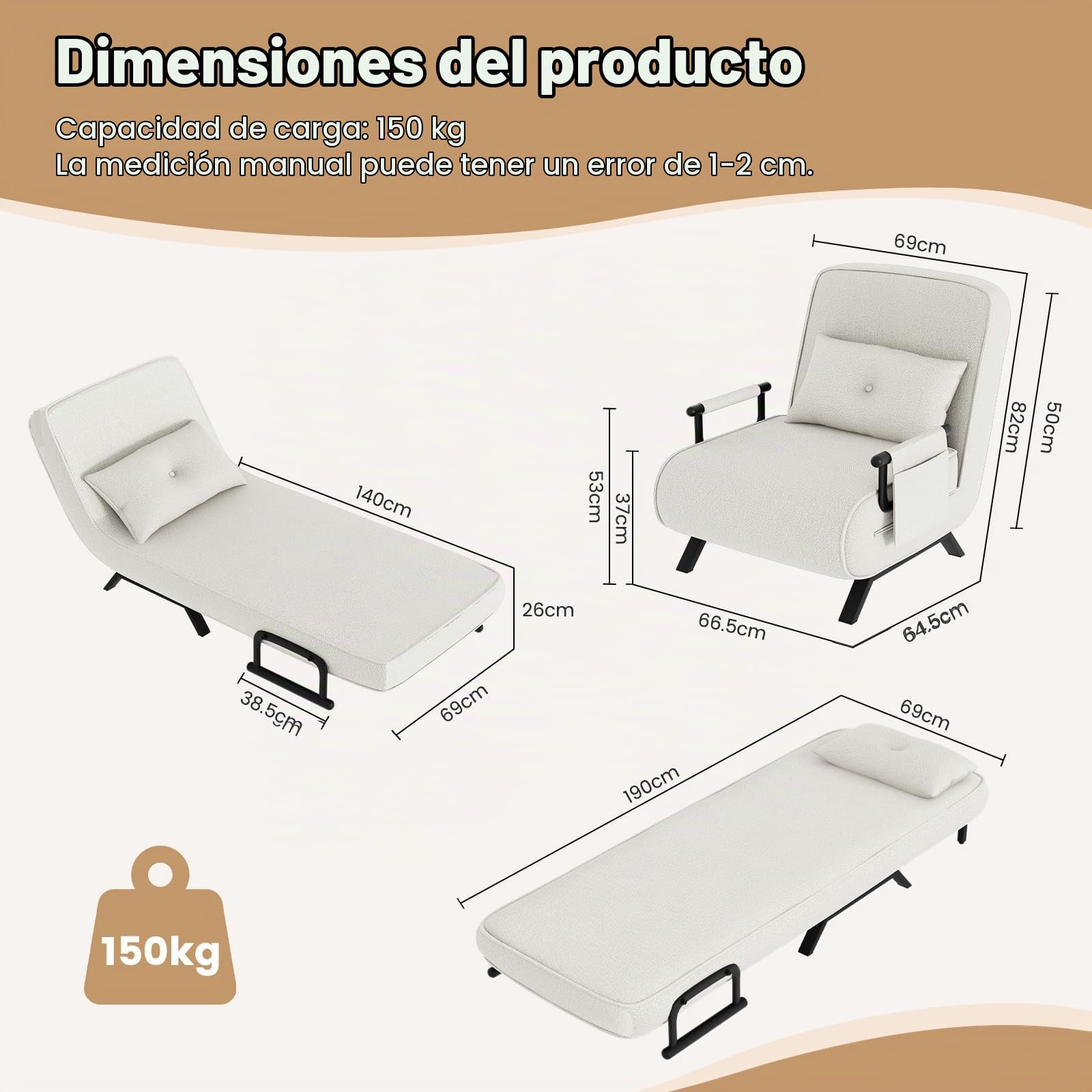 YOUDENOVA Sofá Cama, Sillón con Función Cama, Sofá con Respaldo Regulable, Sofá Cama con Bolsa Colgante, Sofá Plegable, Cama de Invitados, Chenilla, 184 x 60 cm, Beige