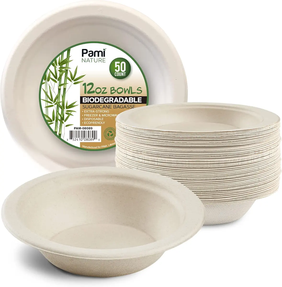 PAMI 100% Biodegradable Sugarcane Bowls [Pack of 50] 12 oz. Natural Compostable Soup Bowls- Planet-Friendly Bagasse Bowls For Hot &amp; Cold Uses- Heavy-Duty Disposable Microwavable Paper Serving Bowls